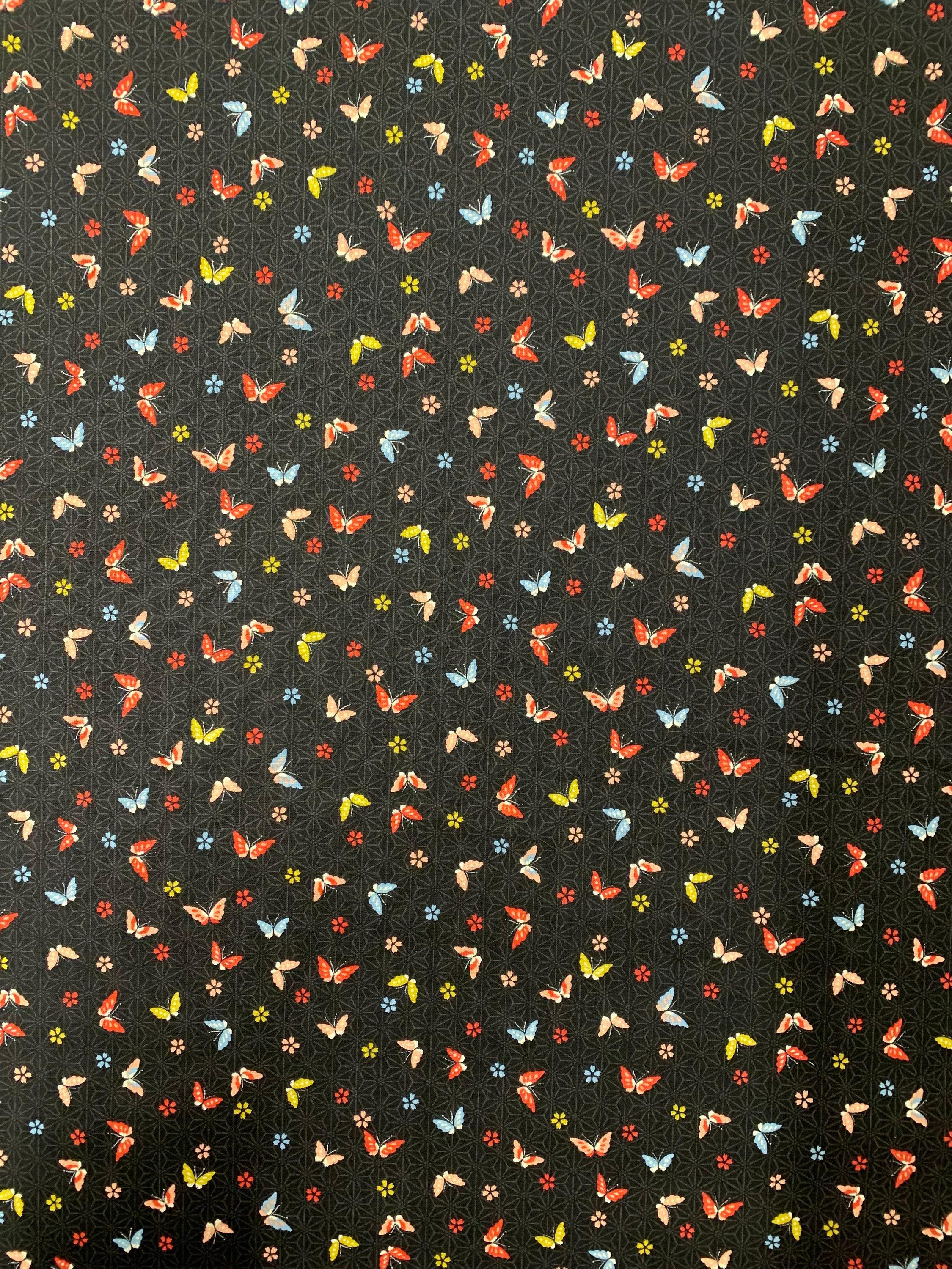 Sevenberry - Little Butterflies and Asanoha Stars Cotton Fabric - Black