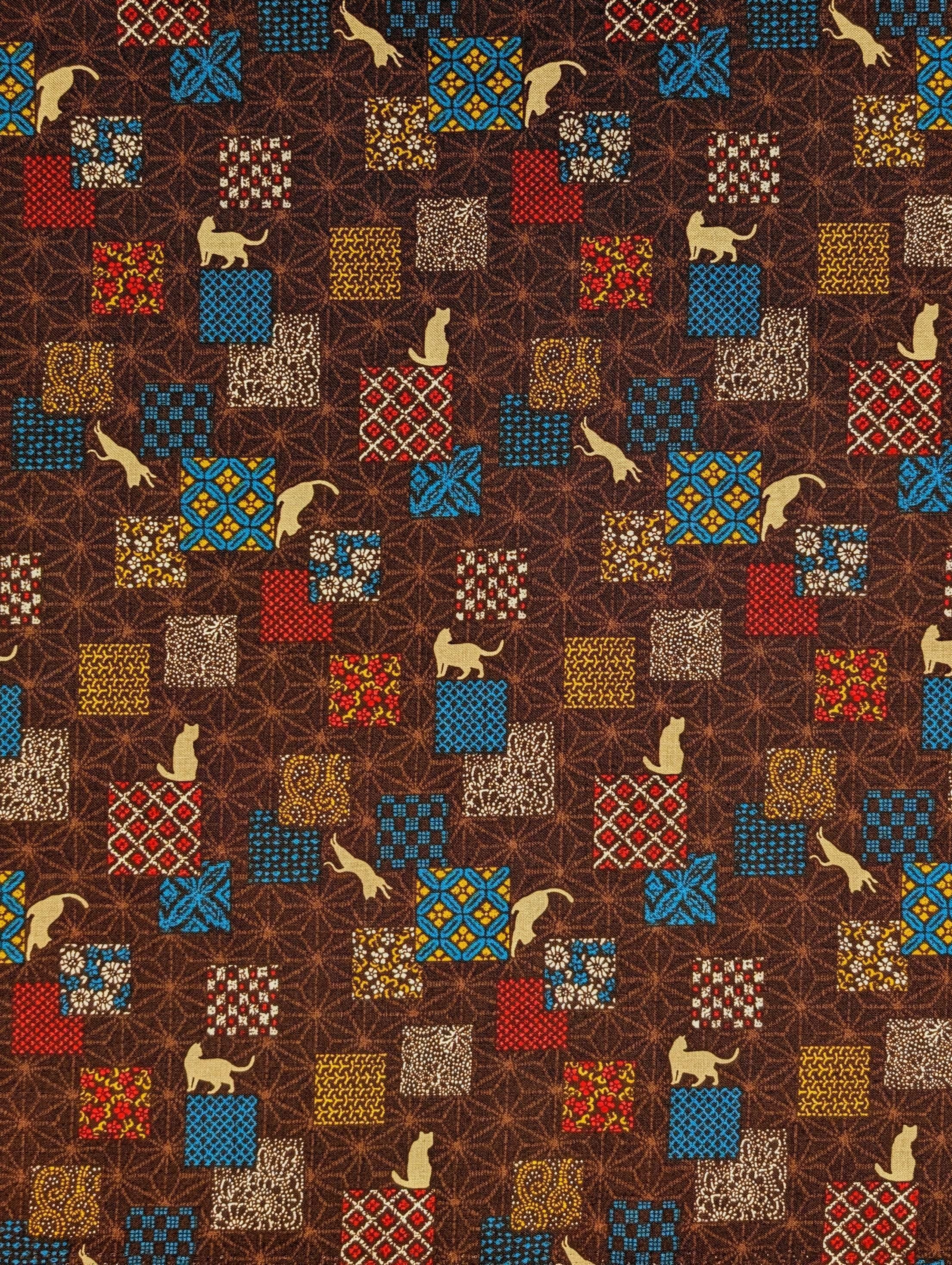 Orimono Imports - Patchwork Cats Cotton Fabric - Brown