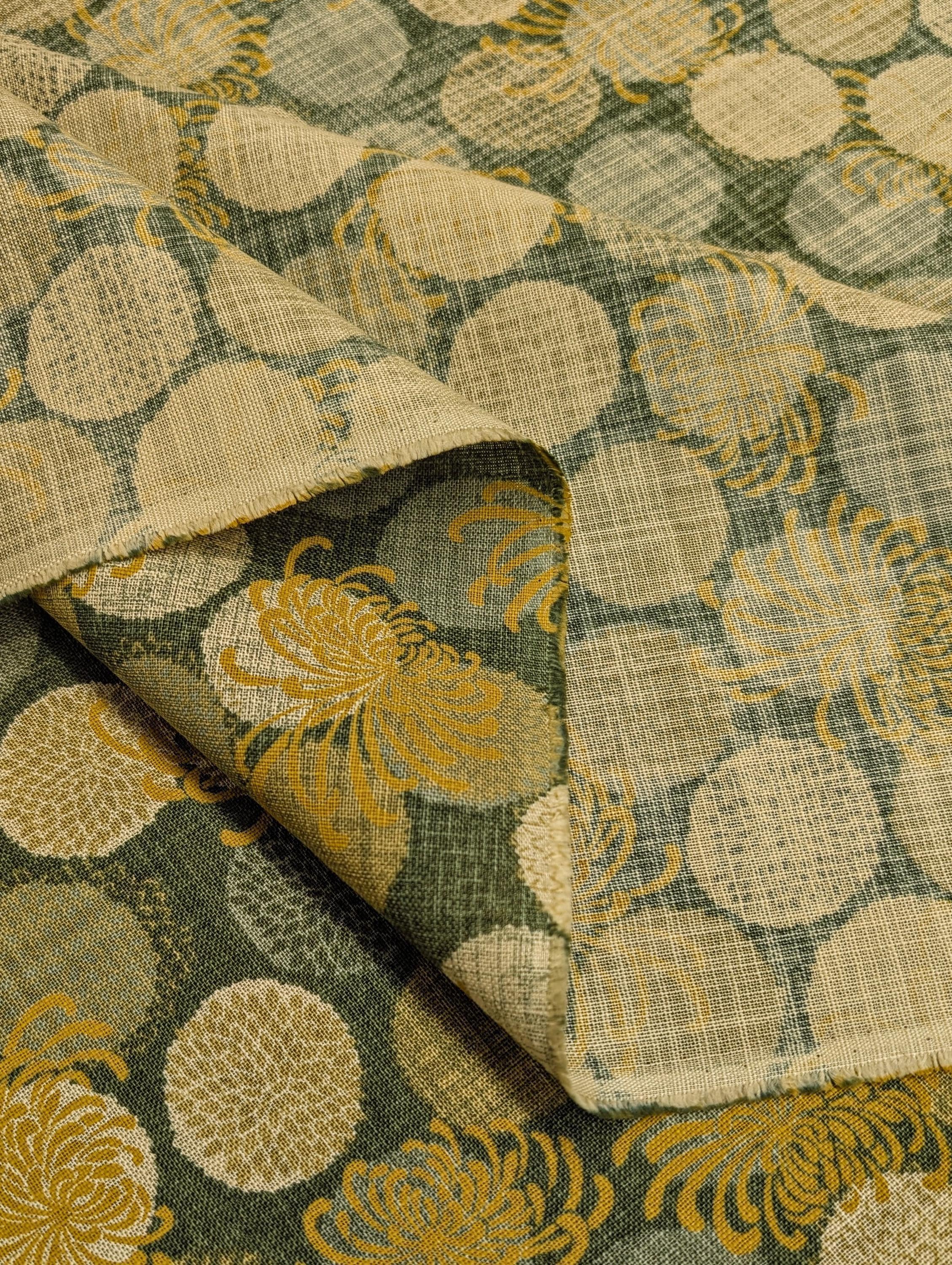Sevenberry - Rustic Chrysanthemums Cotton Fabric - Green Yellow Beige