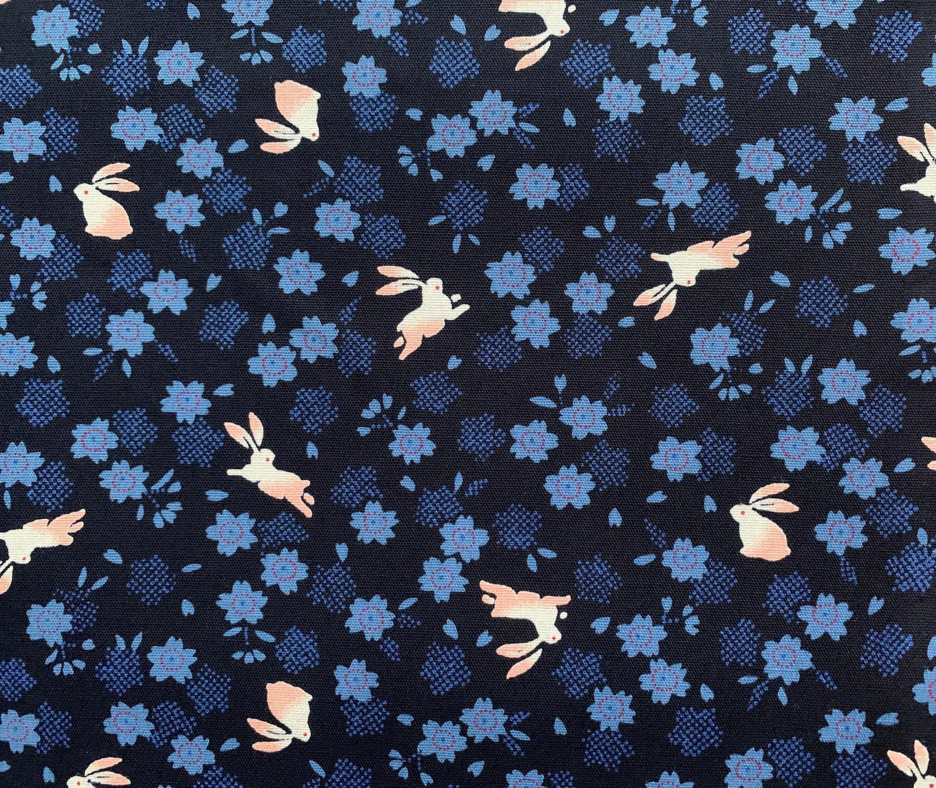Rabbits and Cherry Blossoms Japanese cotton fabric 3060-27F blue