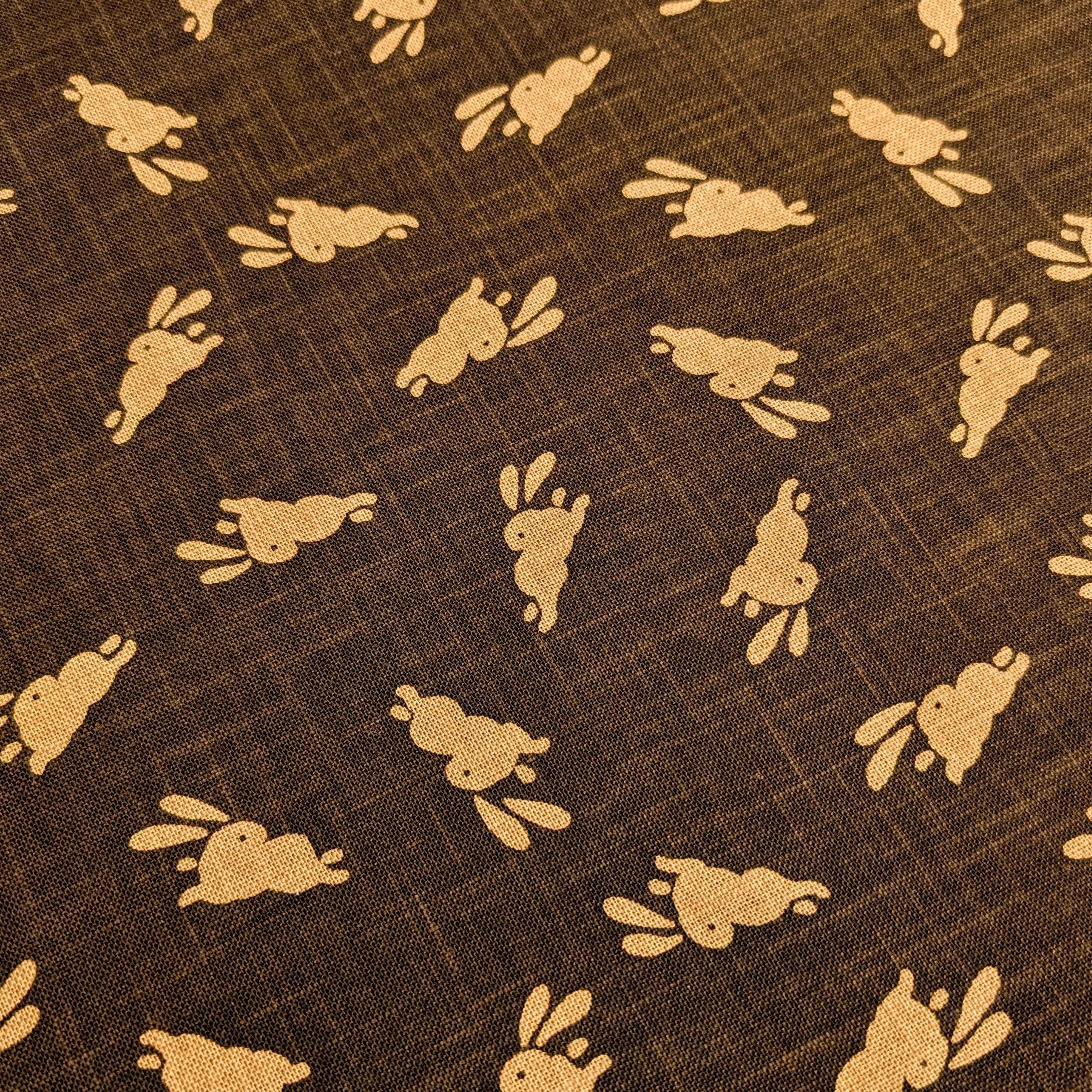 Bouncing Bunnies hand stenciled Japanese cotton fabric KP7090-95 C brown- half yard