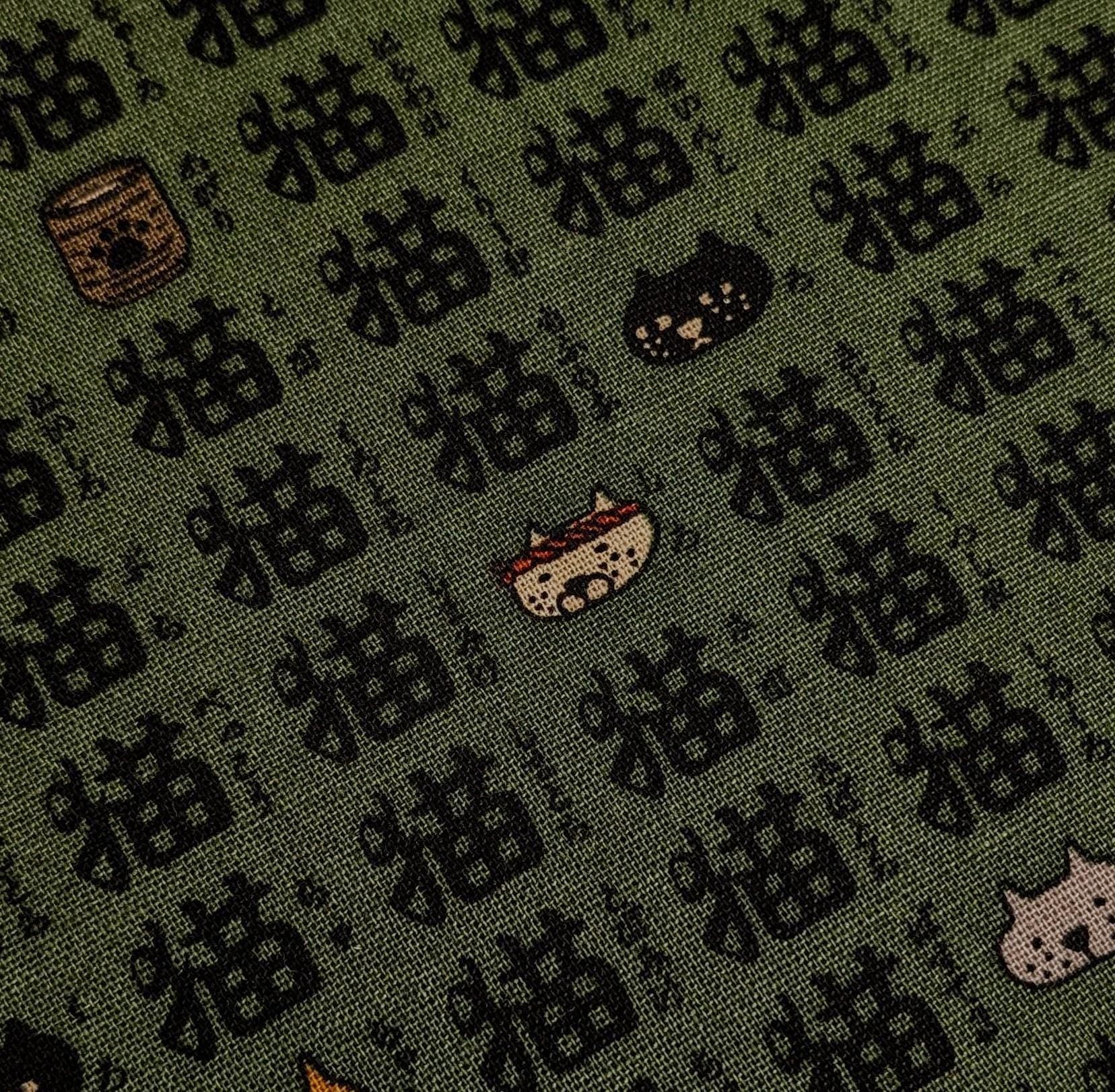 Kobayashi - Kanji Cats Cotton/Linen Light Canvas - Green and Black