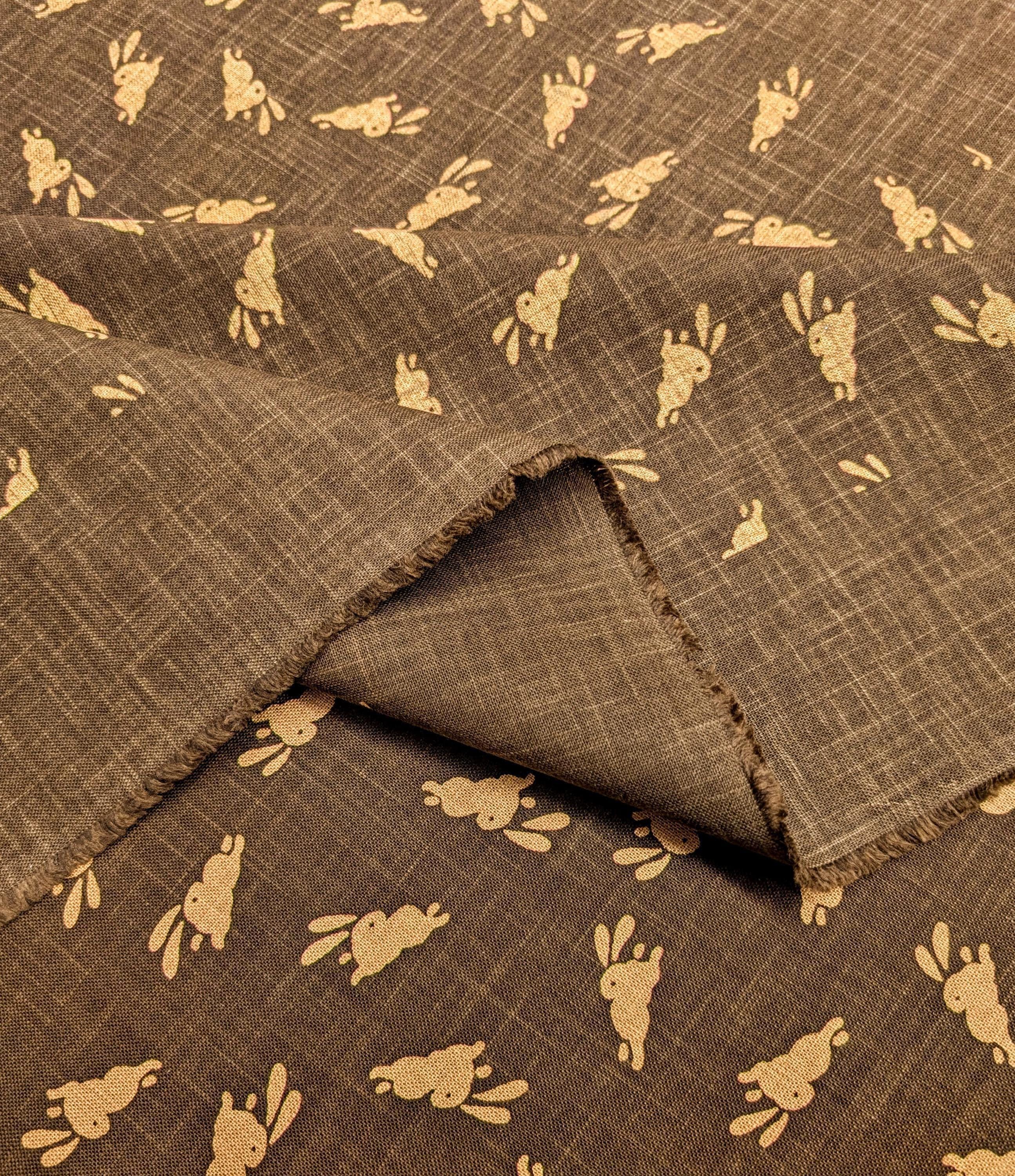 Bouncing Bunnies hand stenciled Japanese cotton fabric KP7090-95 C brown- half yard