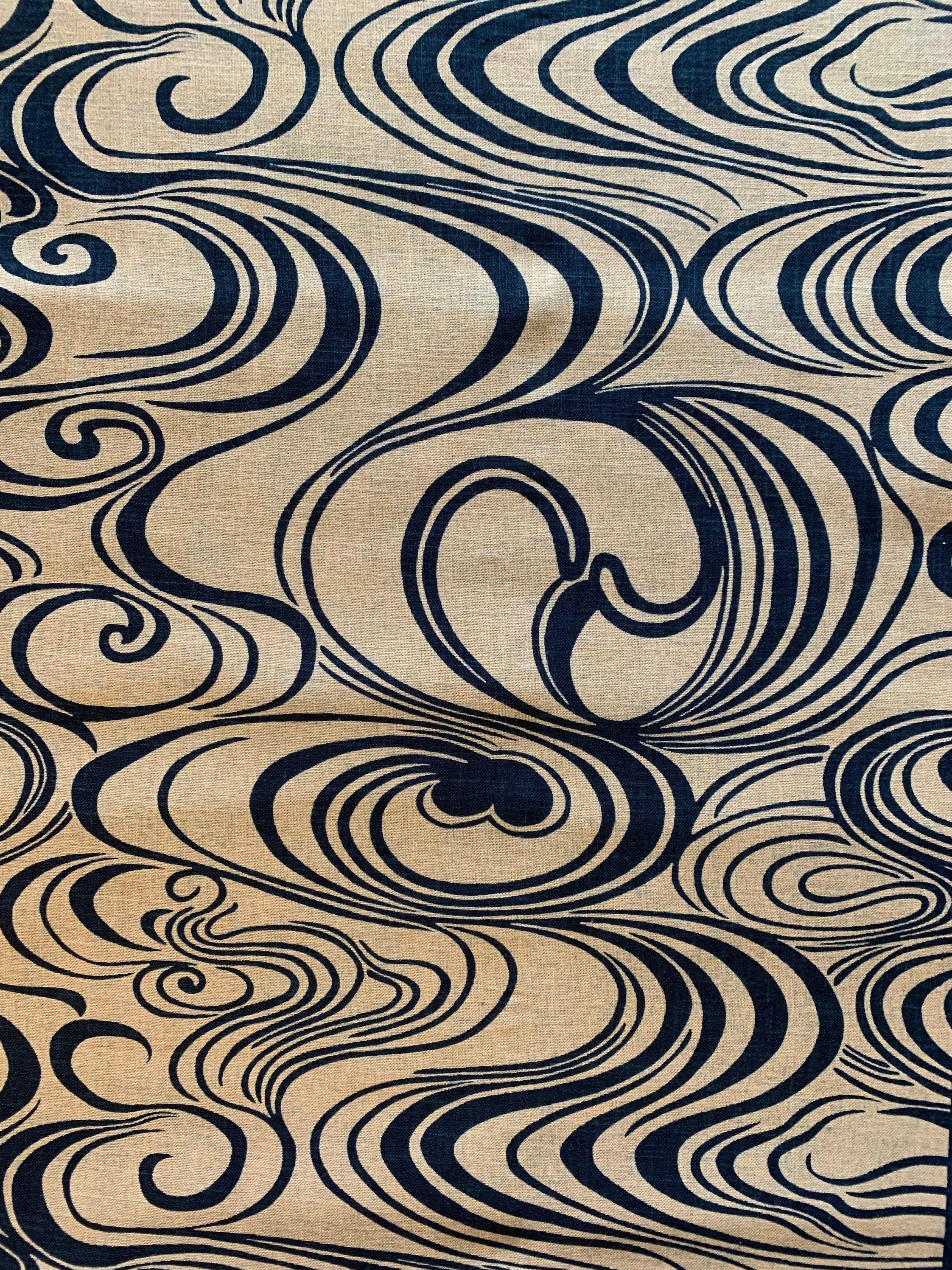Kurenai - Hand Stenciled Waves and Swirls Cotton - Beige Navy Blue Indigo