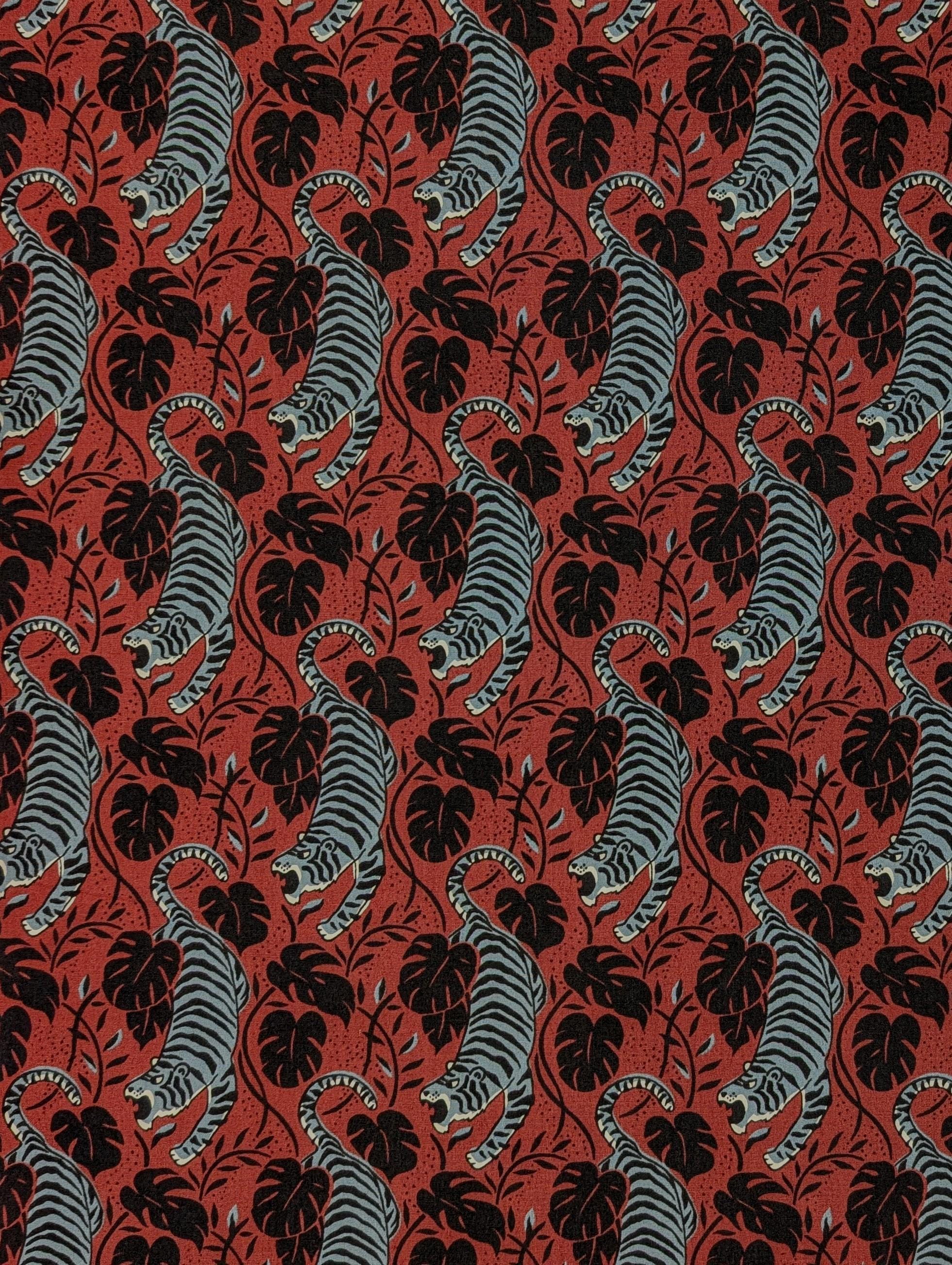 Sevenberry - Jungle Tigers Cotton Fabric - Red and Gray
