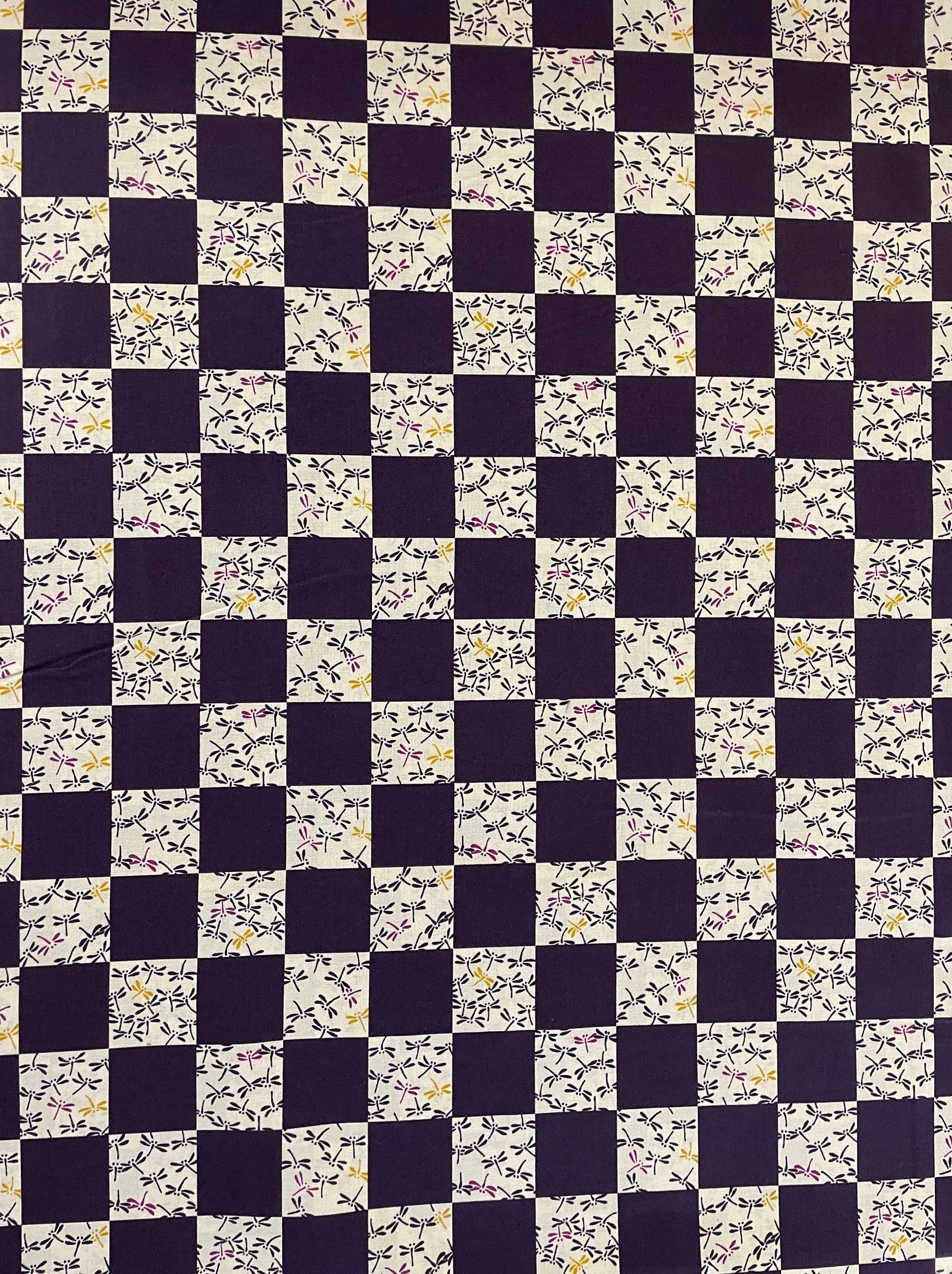 Kurenai - Checkerboard Dragonflies Cotton Fabric - Deep Purple