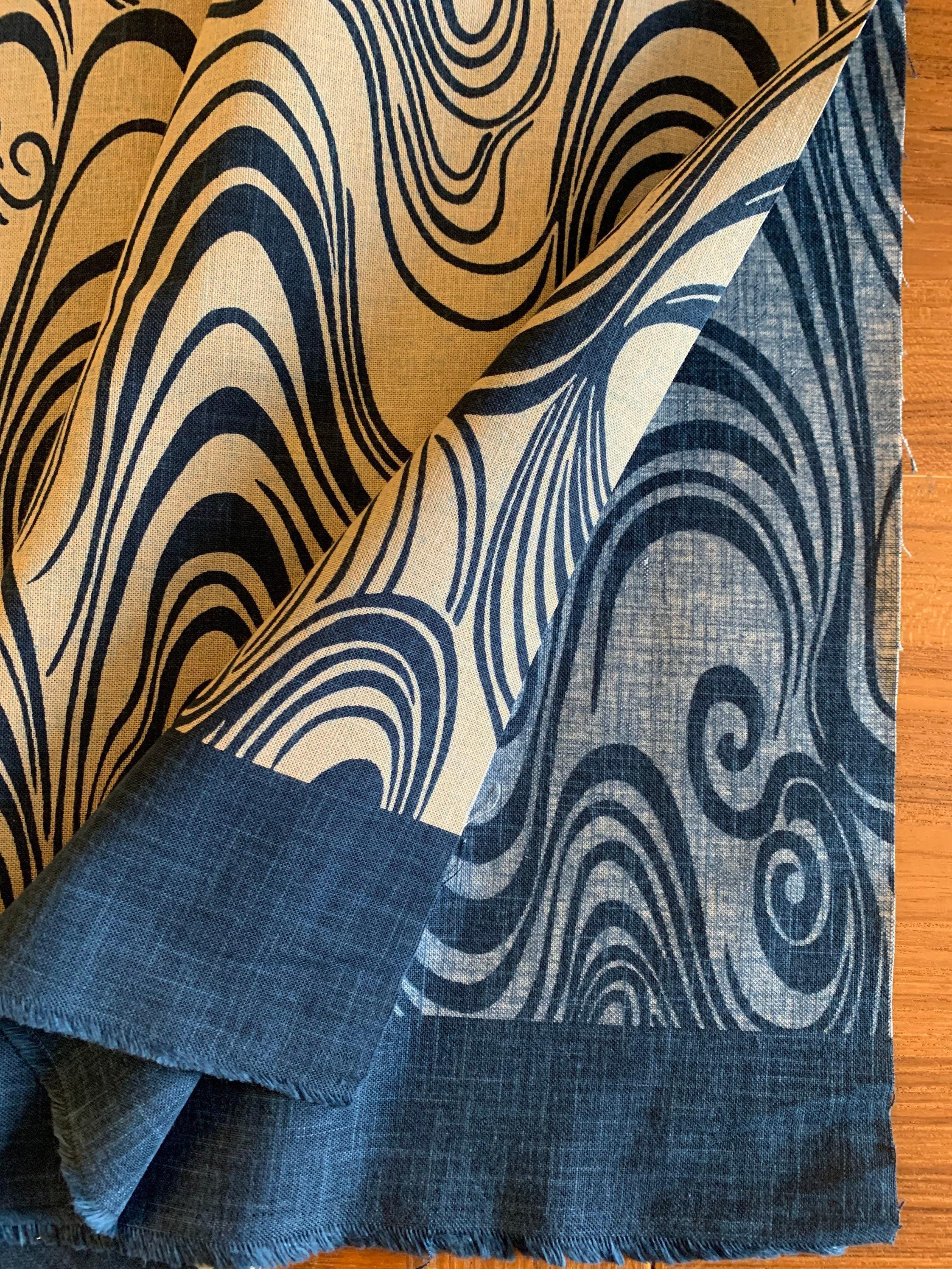 Kurenai - Hand Stenciled Waves and Swirls Cotton - Beige Navy Blue Indigo