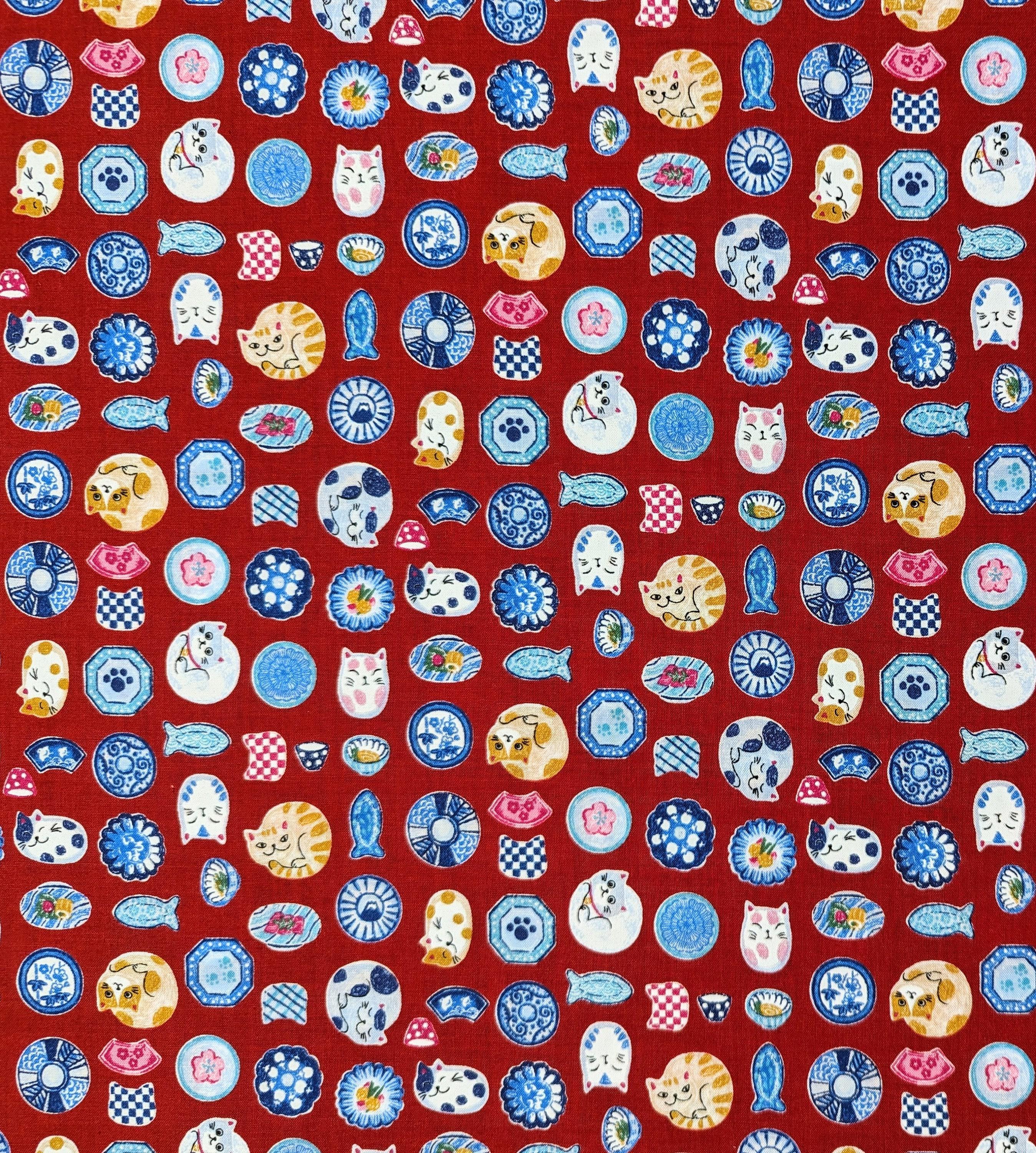 Senyo - Porcelain Cats Cotton Fabric - Red