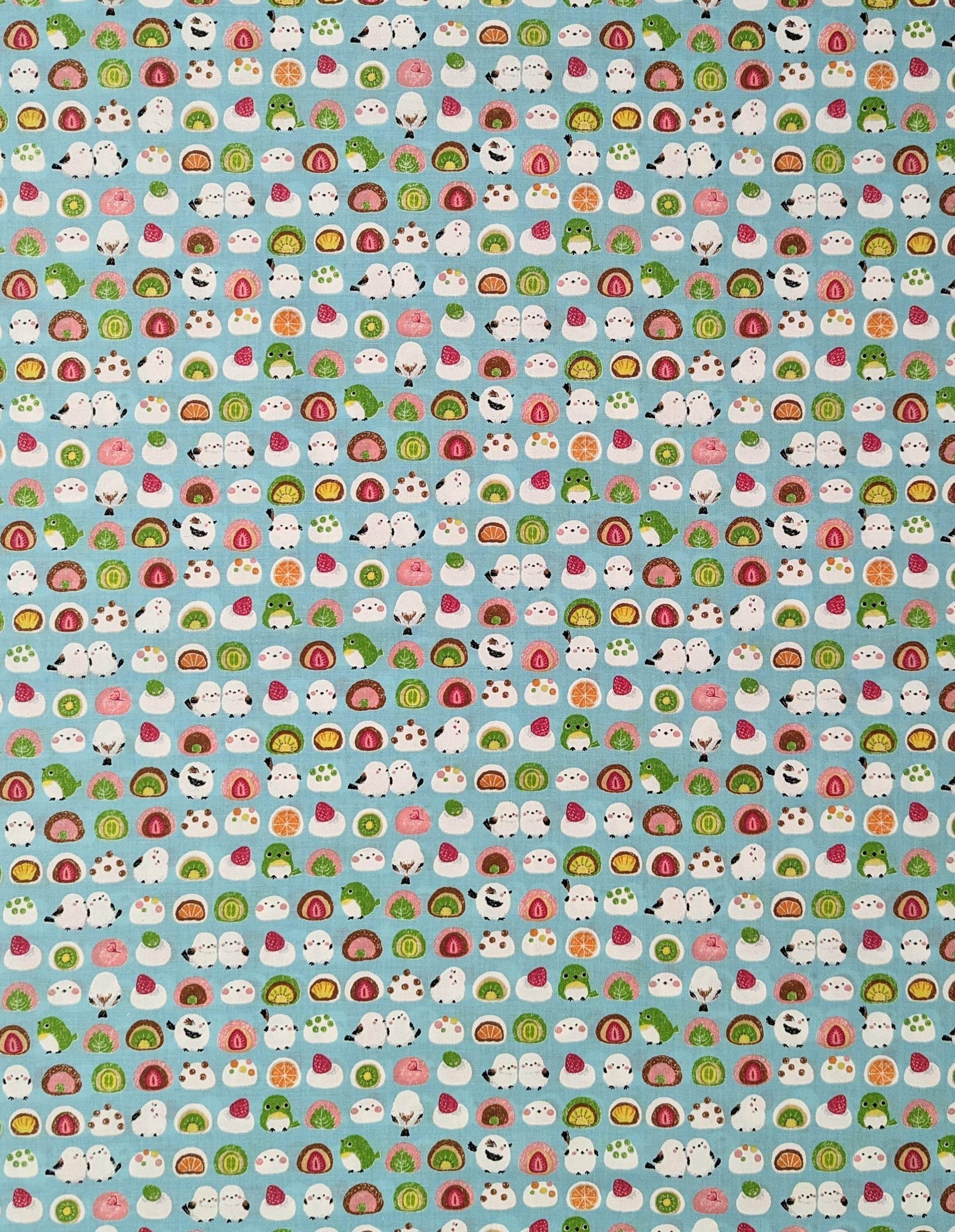 Senyo - Chickadees and Mochi Cotton Fabric - Teal Blue
