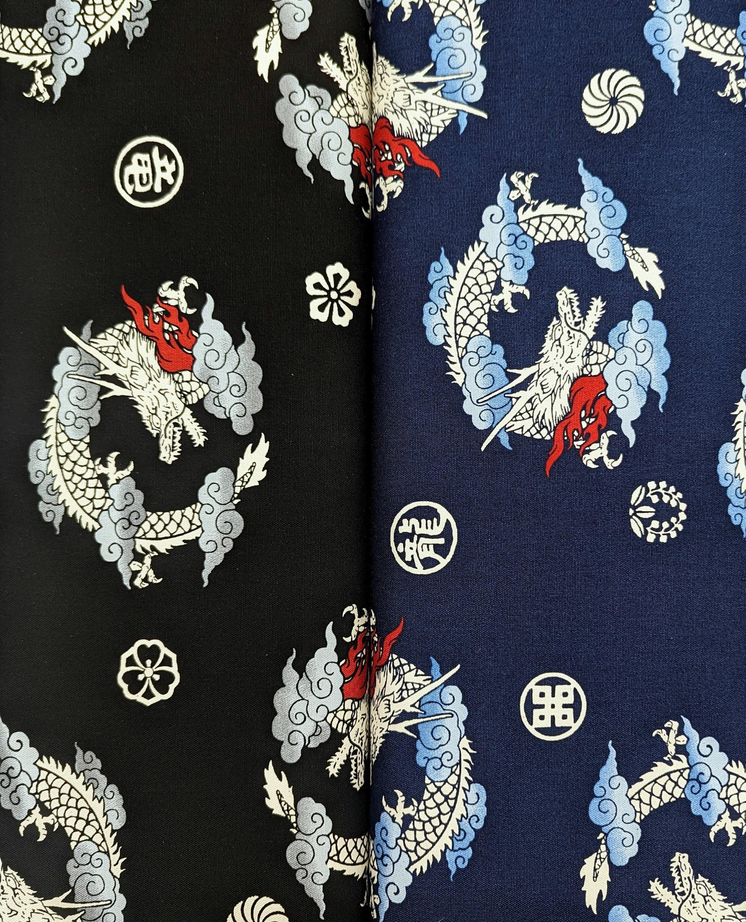 Circling Dragons Tak - Cotton Oxford Canvas - Navy