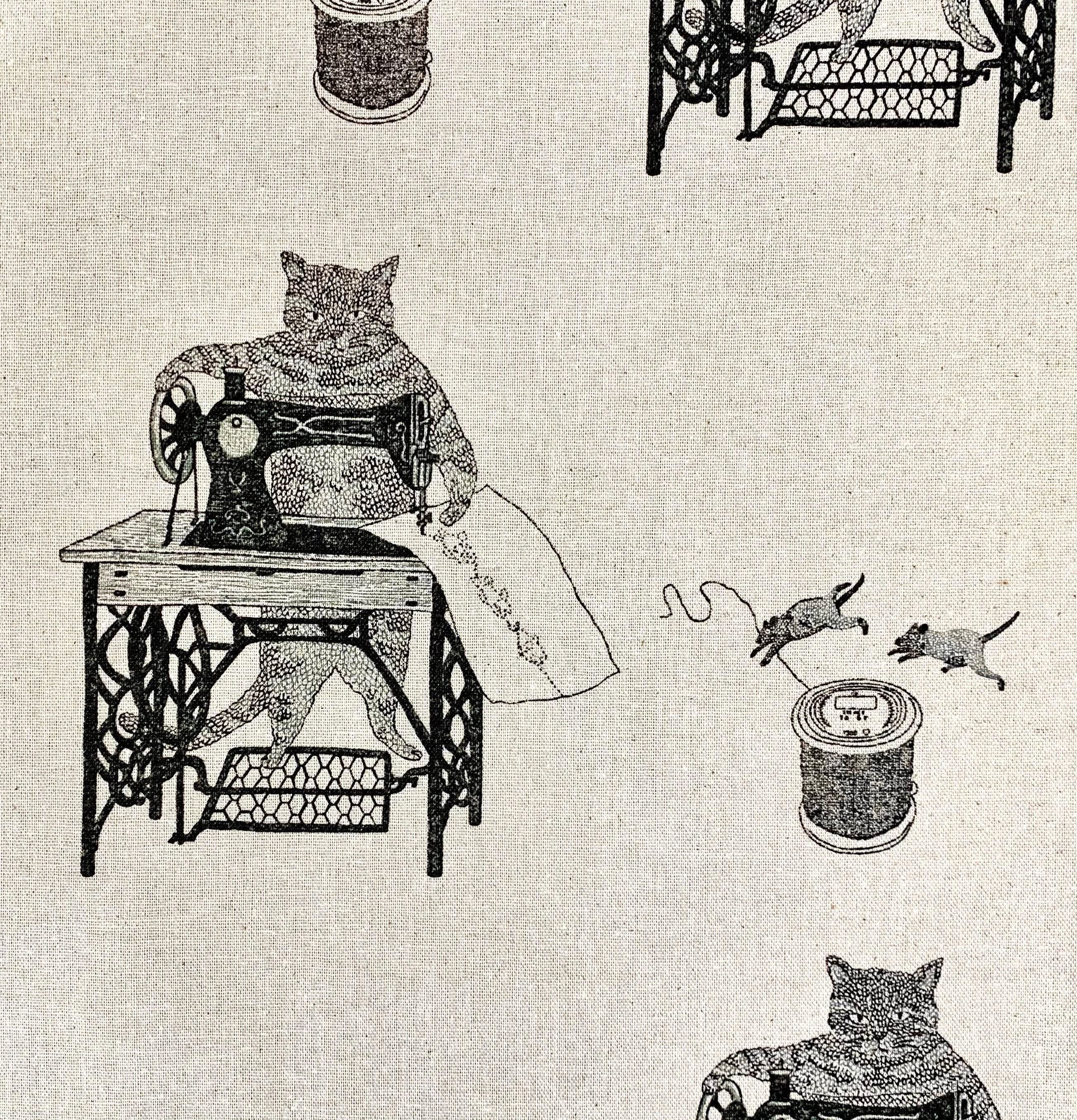 Koizumi - Purr-Fect Stitches Cats with Sewing Machines Cotton/Linen Canvas - Beige Black