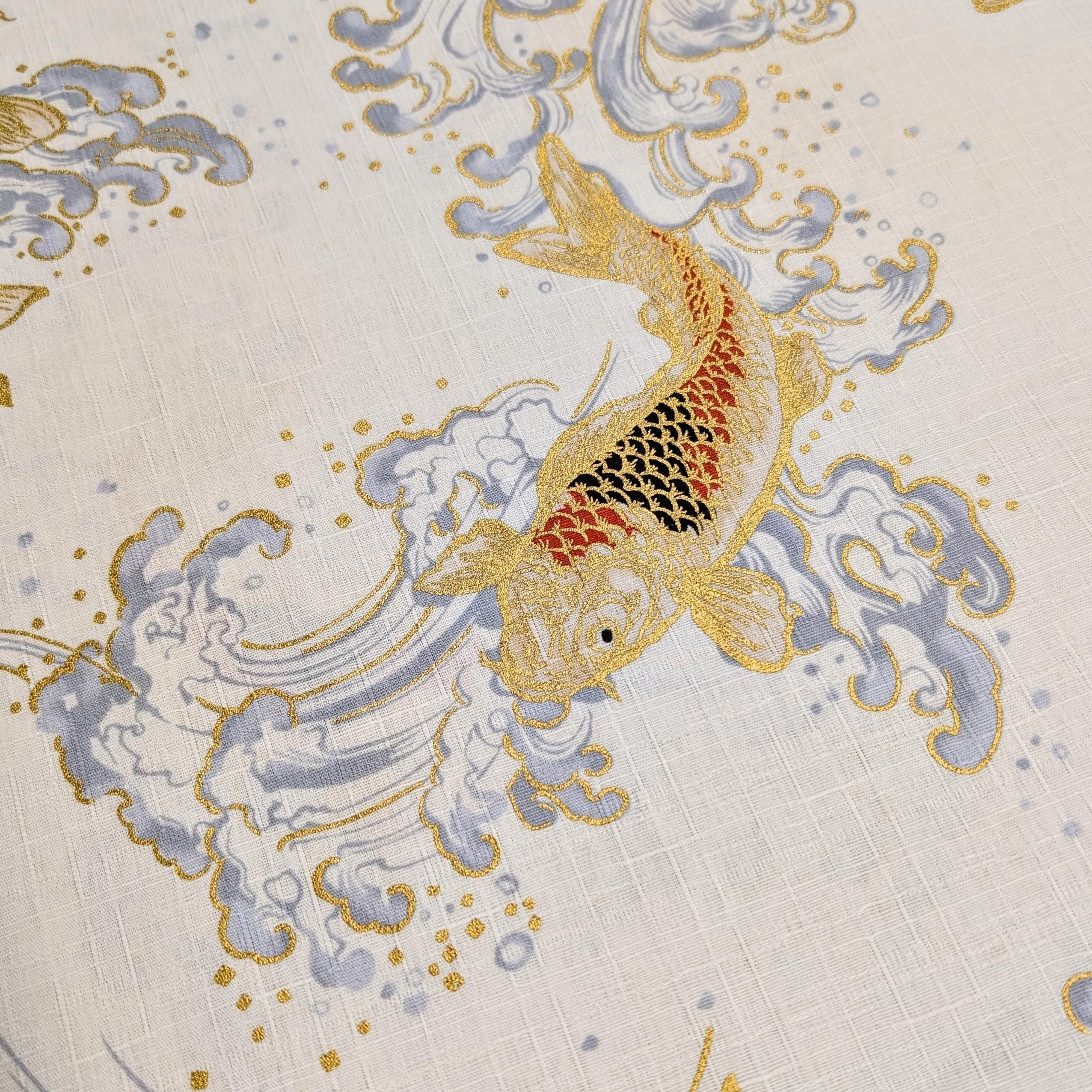 Swimming Golden Koi Hokkoh Japanese cotton dobby fabric 1025-100-2 A white