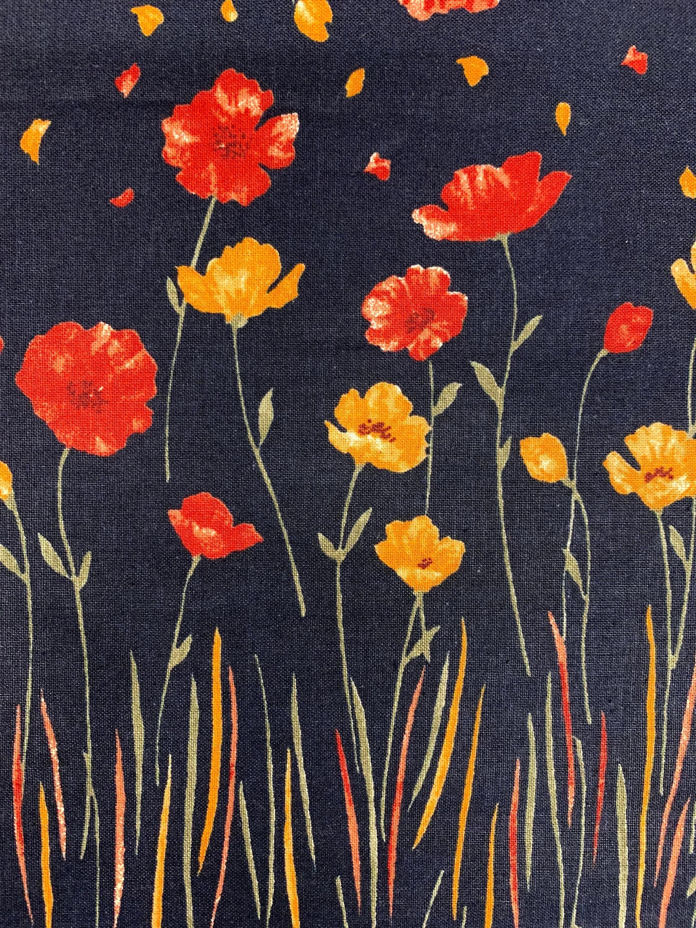 Koizumi - Momen-T Fall Flowers Border Print Cotton/Linen - Black Orange Red