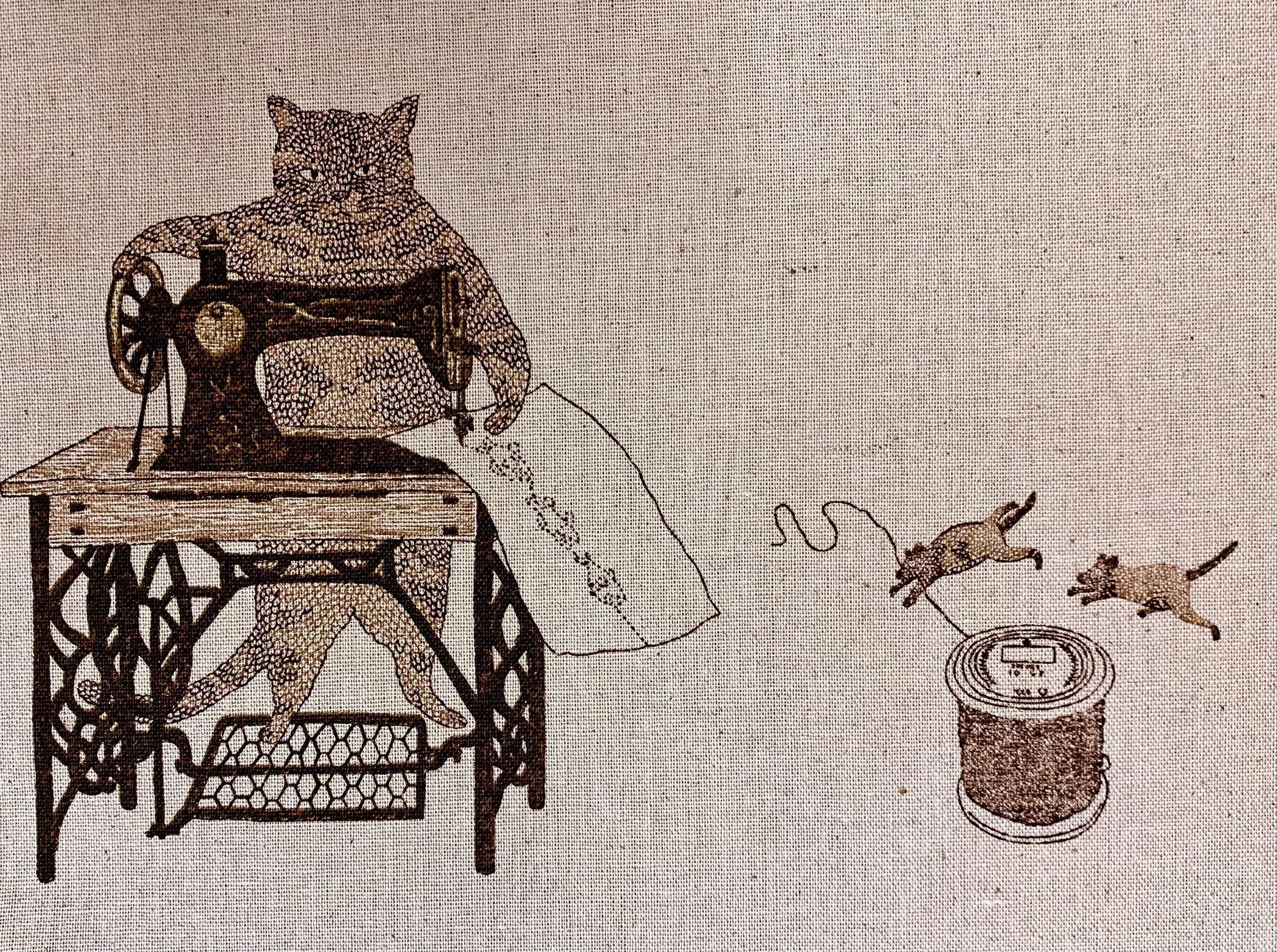 Koizumi - Purr-Fect Stitches Cats with Sewing Machines Cotton/Linen Canvas - Pink Brown