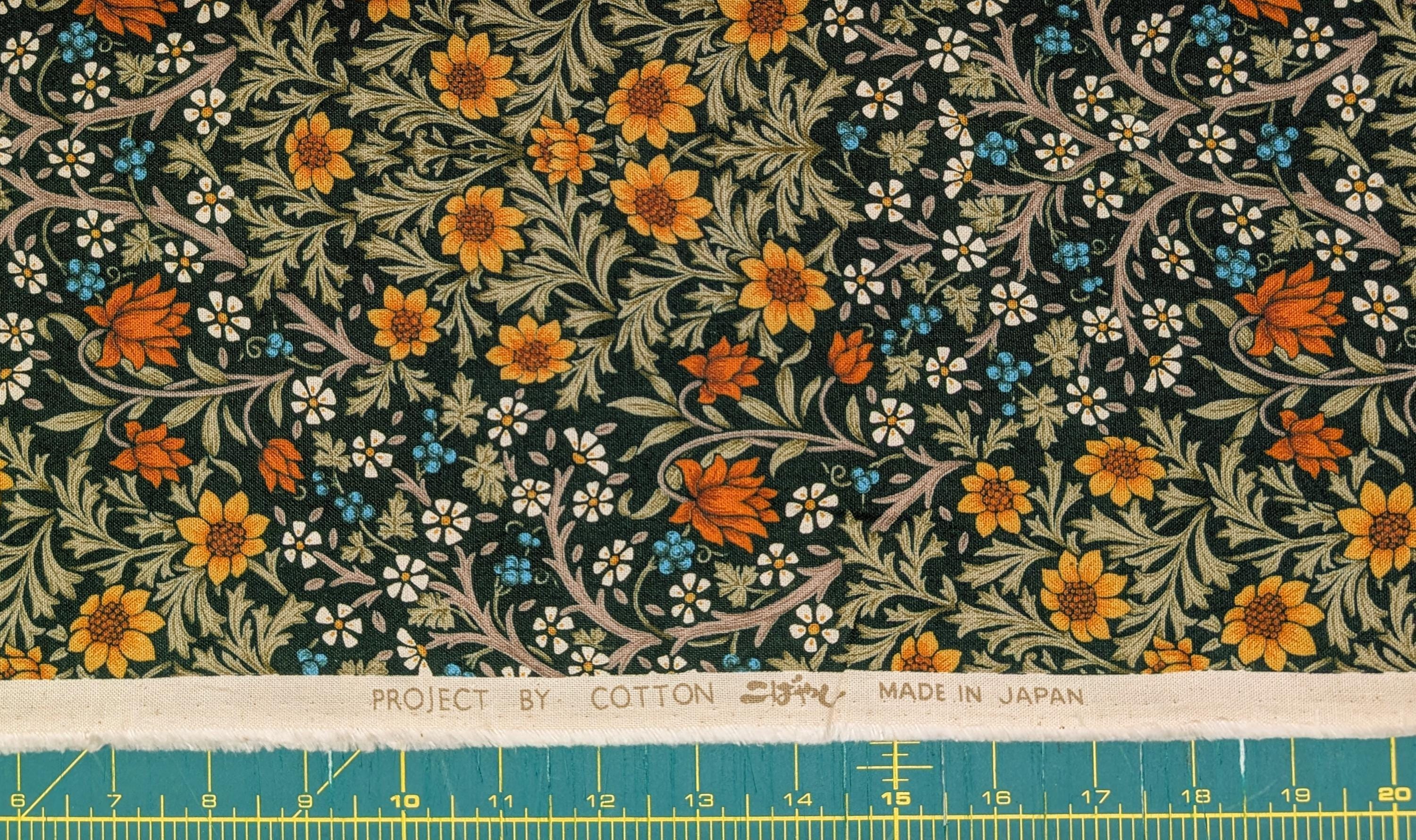 Morris Flower Fields Kobayashi Japanese cotton oxford canvas fabric KTS-6994 E green & yellow