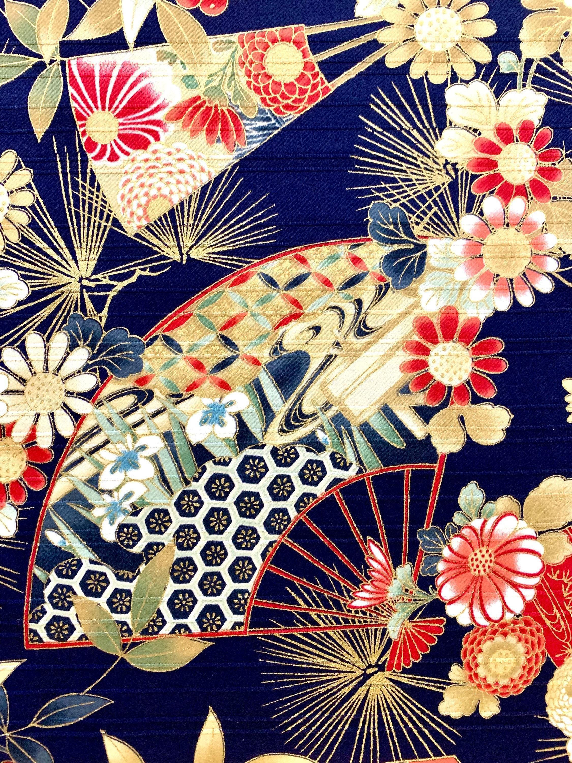 Cosmo - Fans and Flowers Cotton Shantung - Dark Blue Red Gold