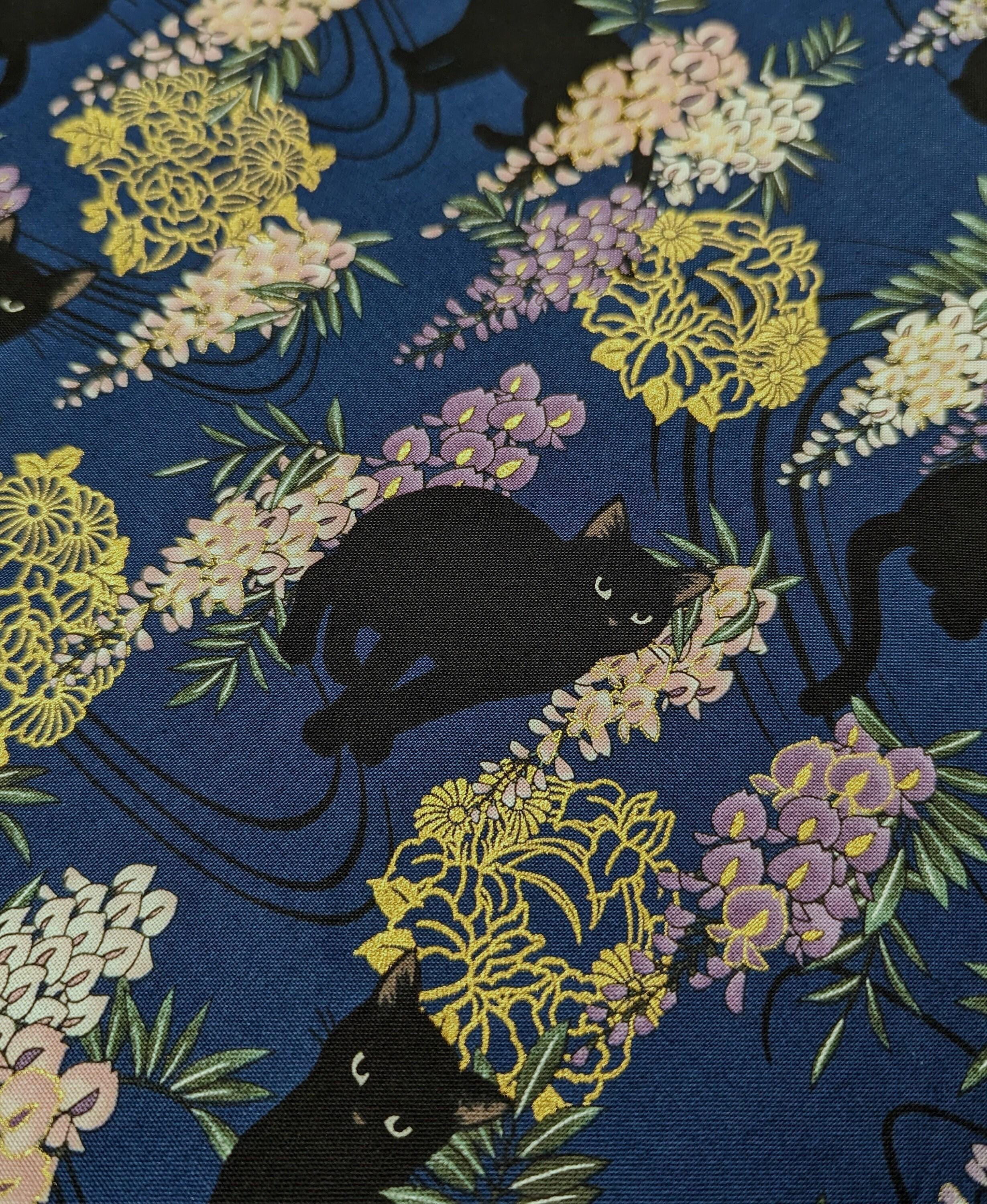 Cats and Wisteria QuiltGate Hyakka Ryoran cotton fabric HR3450-12 F navy blue