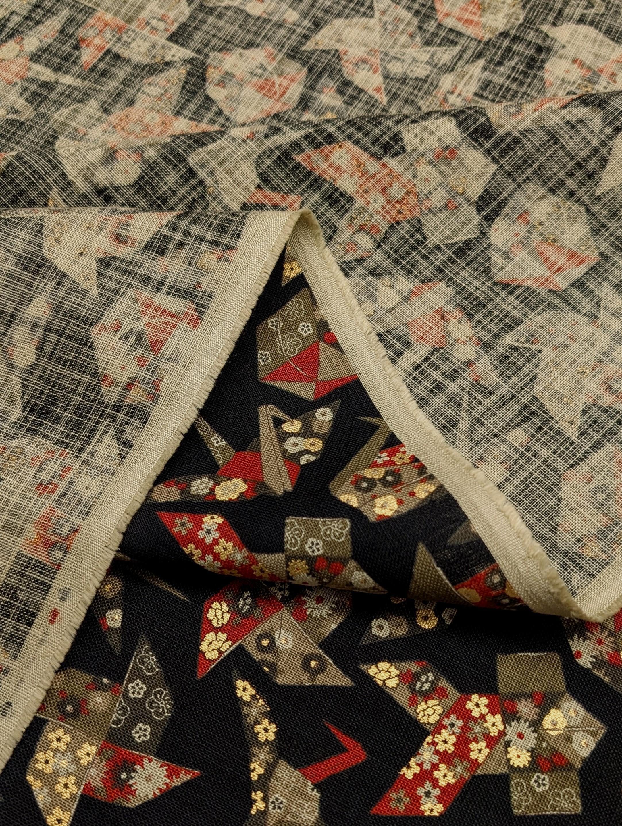 Sevenberry - Golden Origami Cotton Fabric - Black, Red and Beige