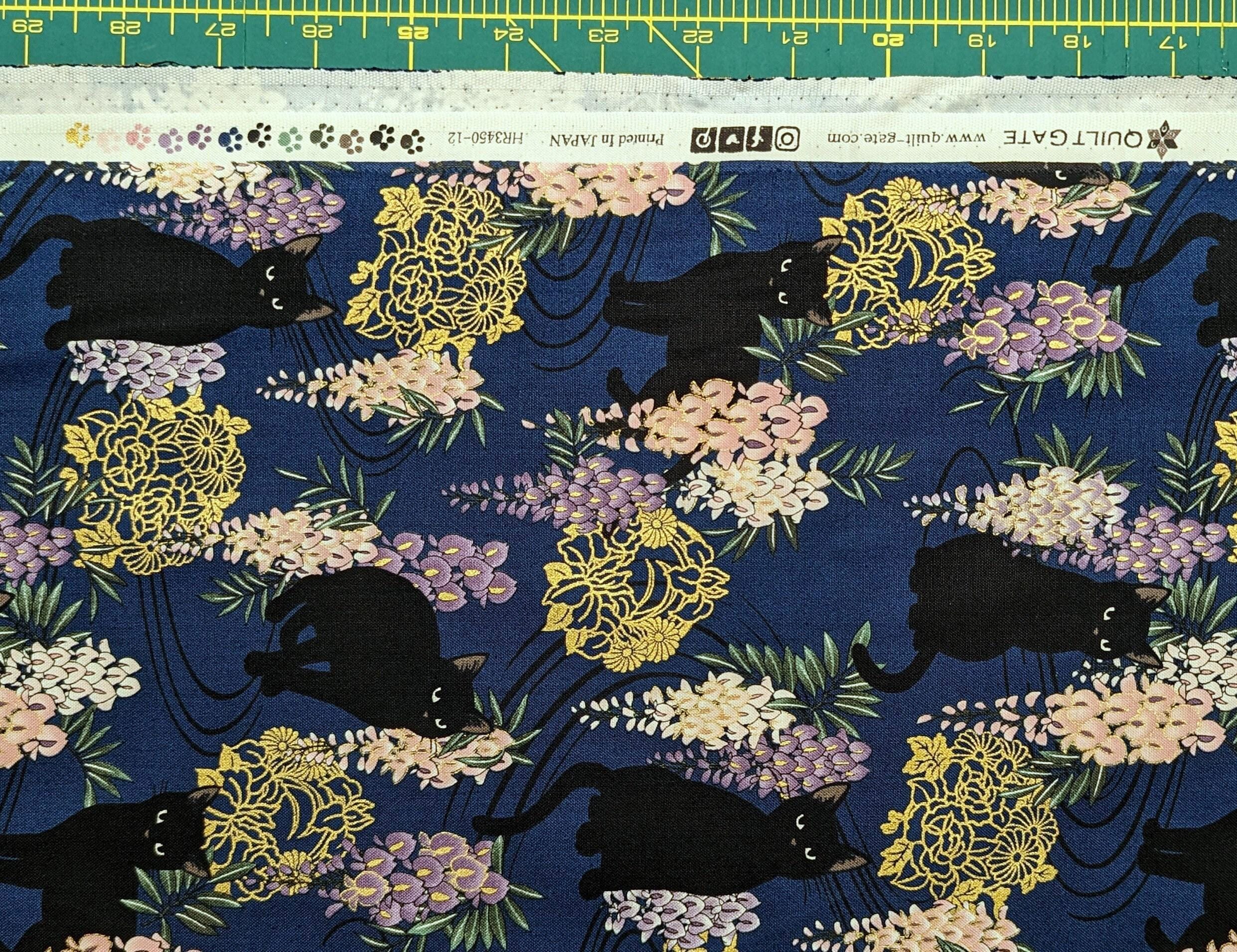 Cats and Wisteria QuiltGate Hyakka Ryoran cotton fabric HR3450-12 F navy blue