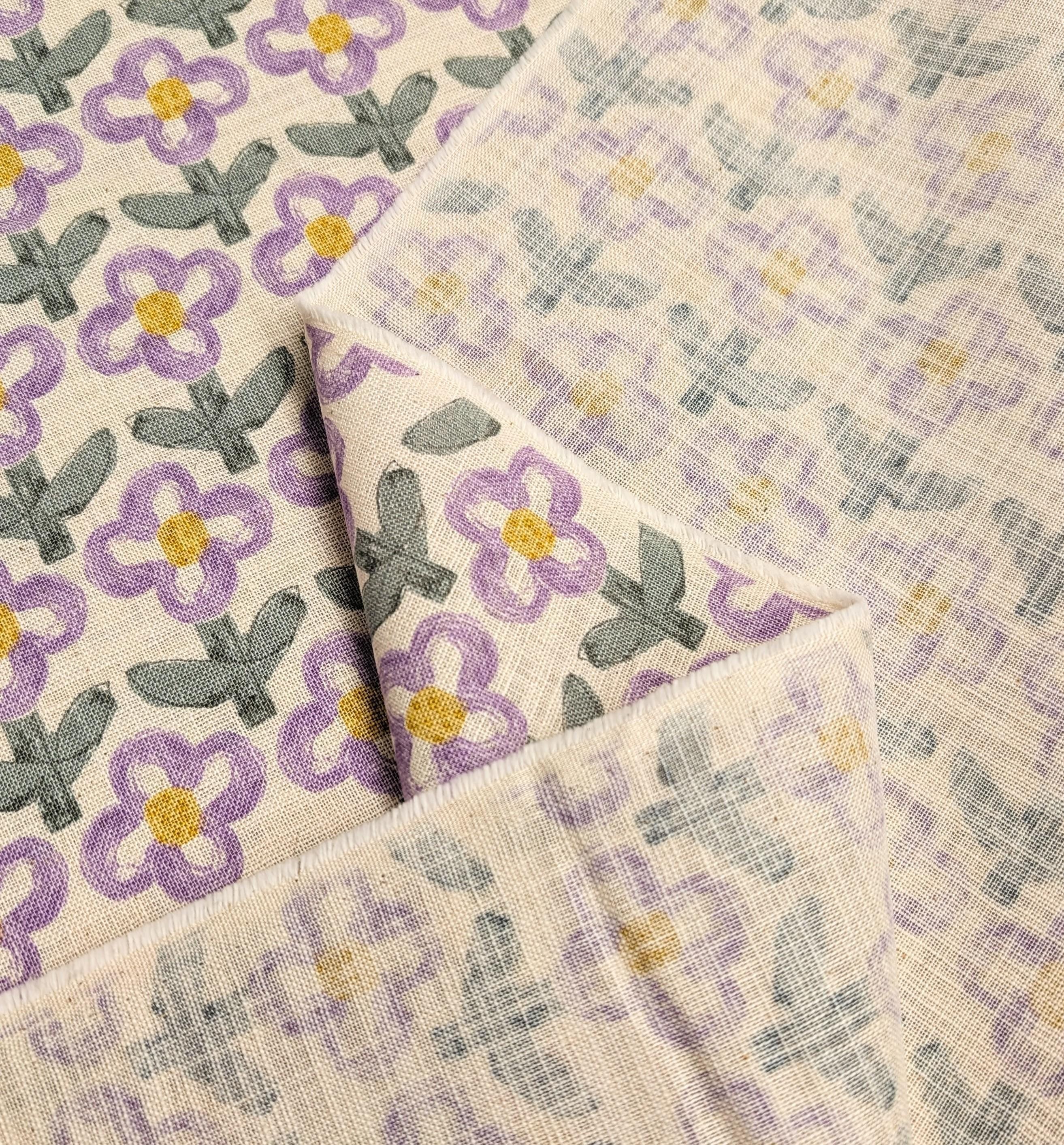 Sevenberry - NEW Standing Flowers Rustic Weave Cotton Fabric - White and Purple