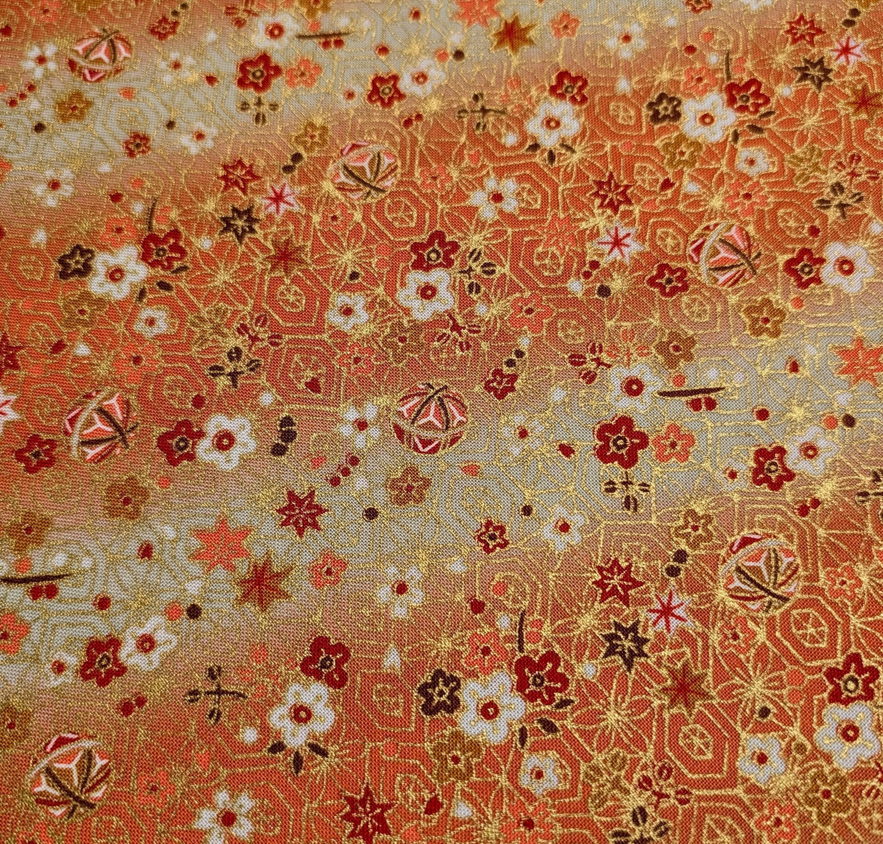 Naka - Temari and Blossoms Cotton Fabric - Pink Orange