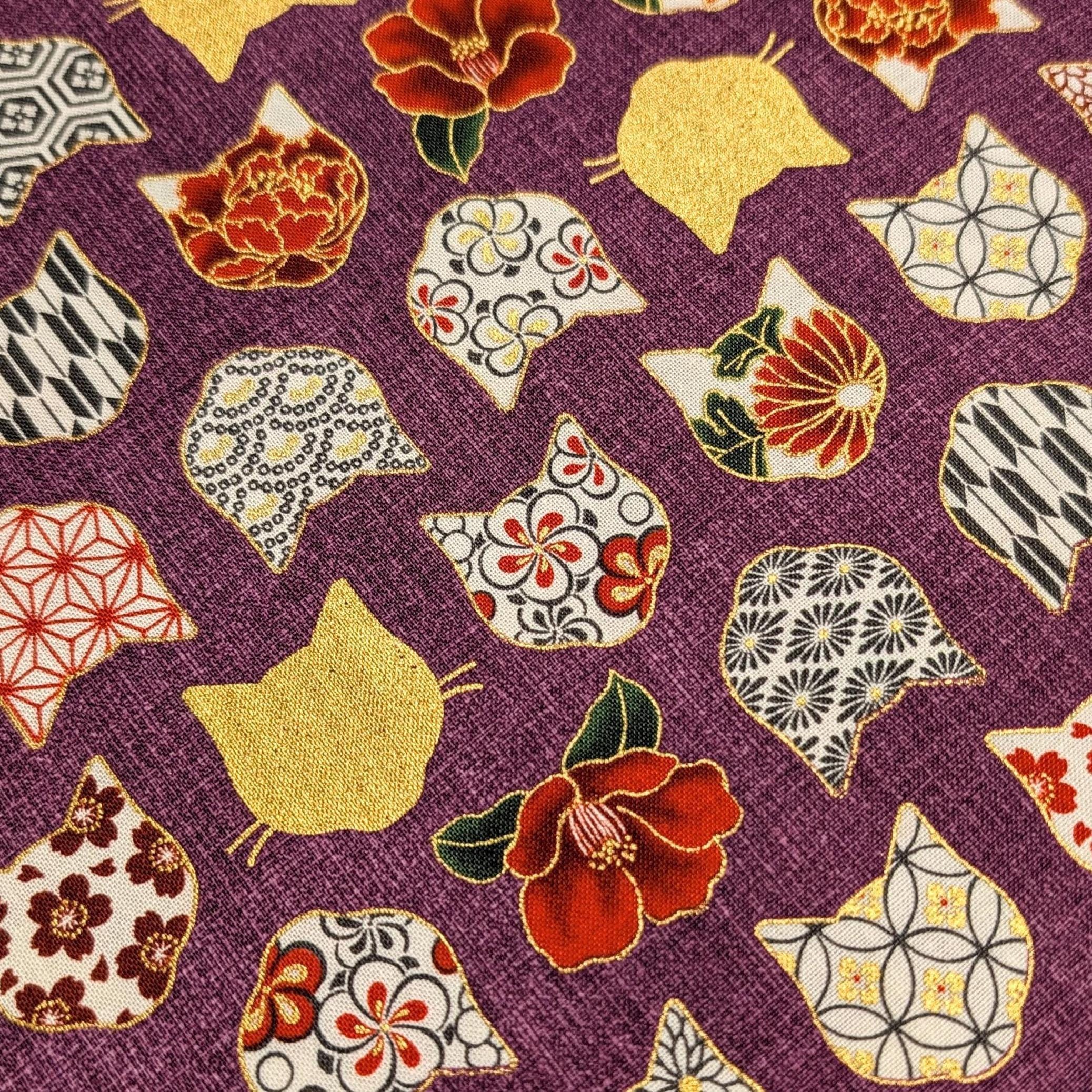 QuiltGate - Hyakka Ryoran Patterned Cats Cotton Fabric - Purple