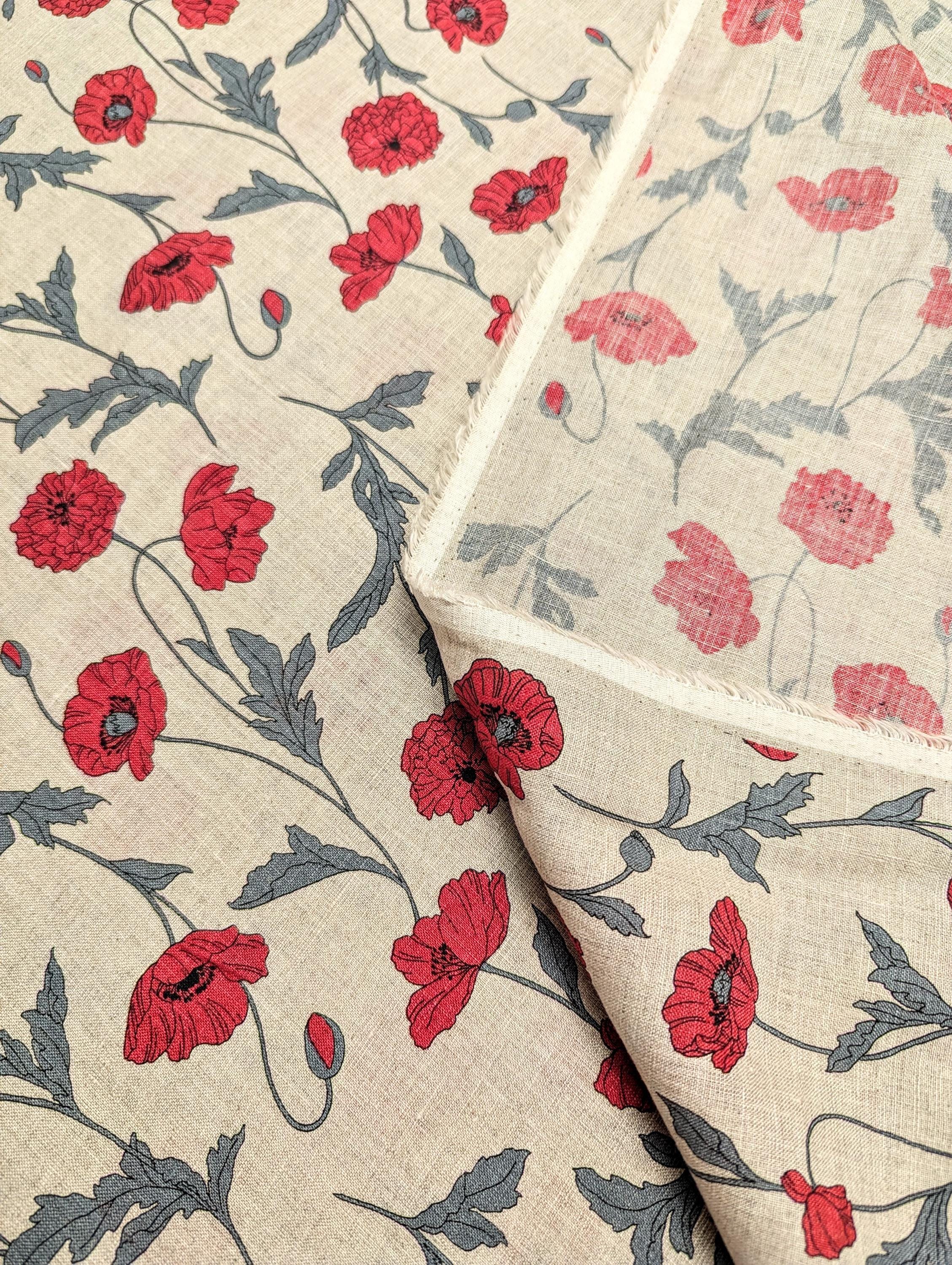 Hokkoh - Summer Poppies Linen Fabric - Beige and pink