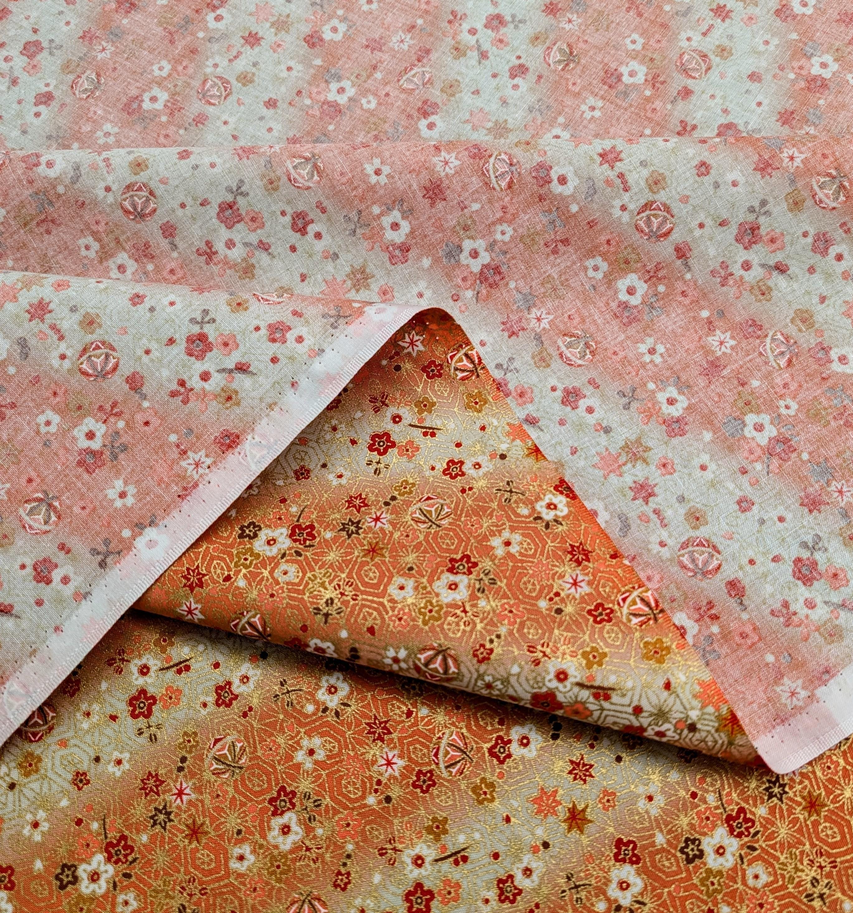 Naka - Temari and Blossoms Cotton Fabric - Pink Orange