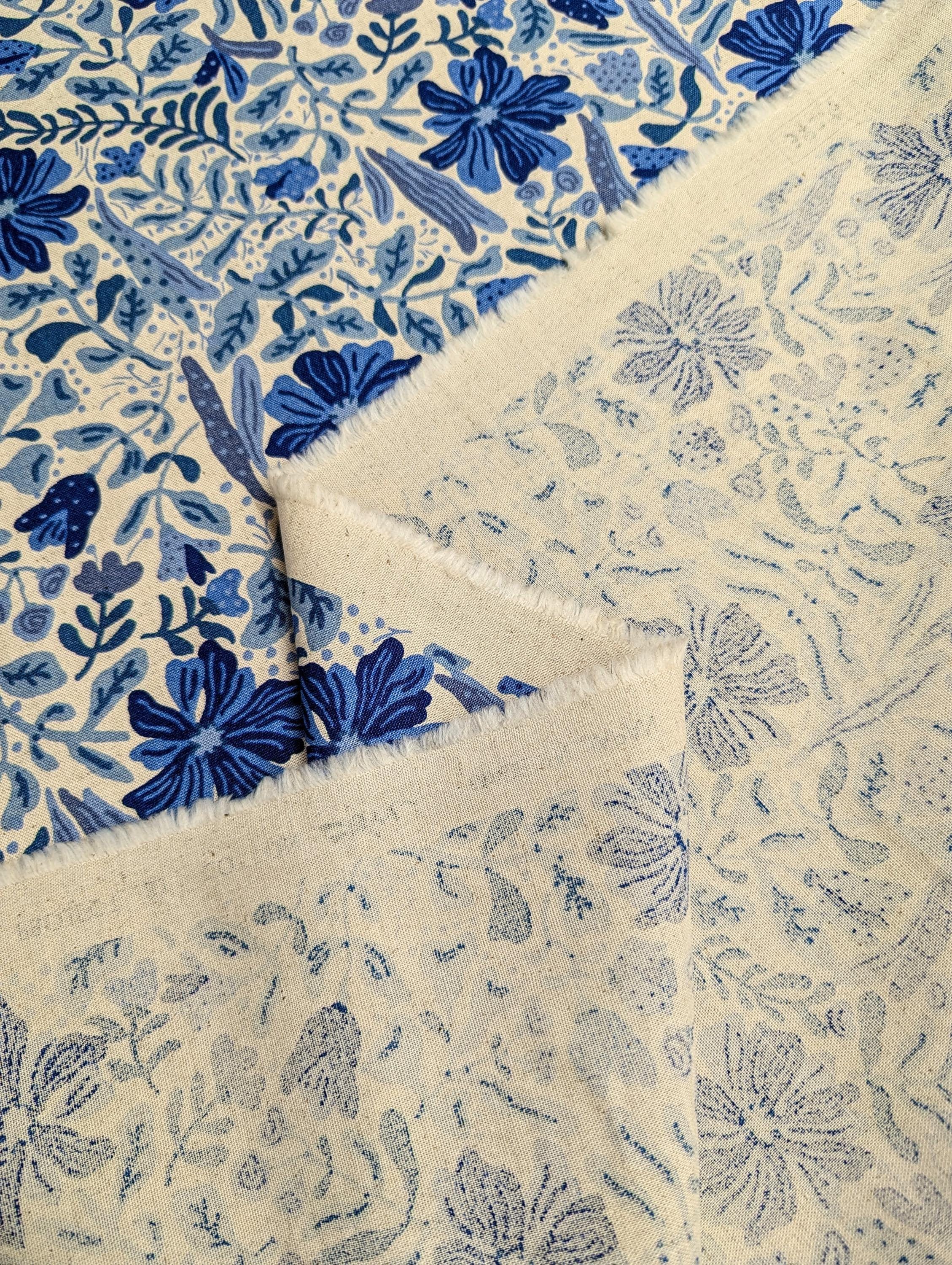 Kobayashi - Folk Art Flowers Cotton/Linen Oxford - Blue and Beige