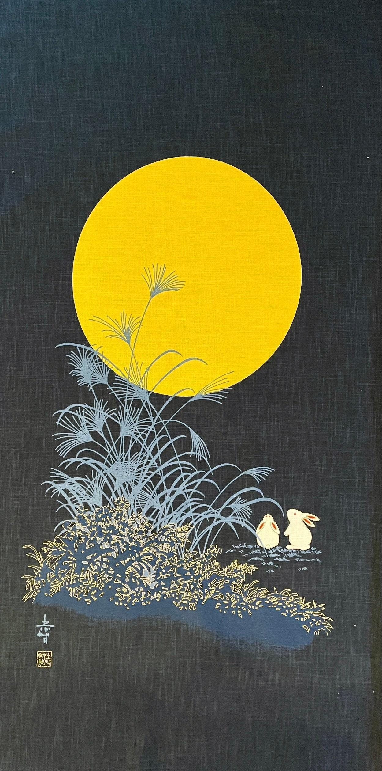 Kurenai - Rabbit Harvest Moon Japanese Noren Panel - Blue