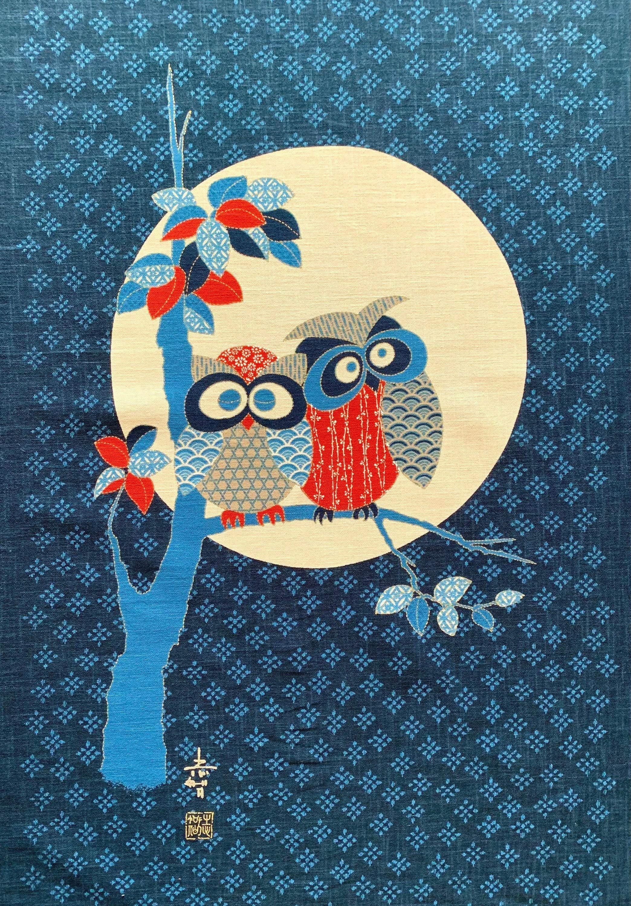 Kurenai - Owl Couple Japanese Noren Panel - Blue