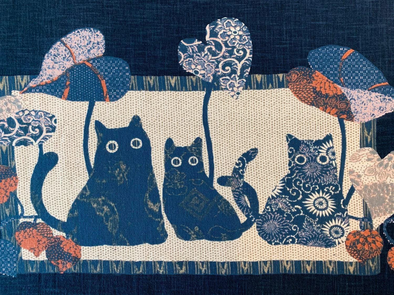 Kurenai - Cat Family Japanese Noren Panel - Blue