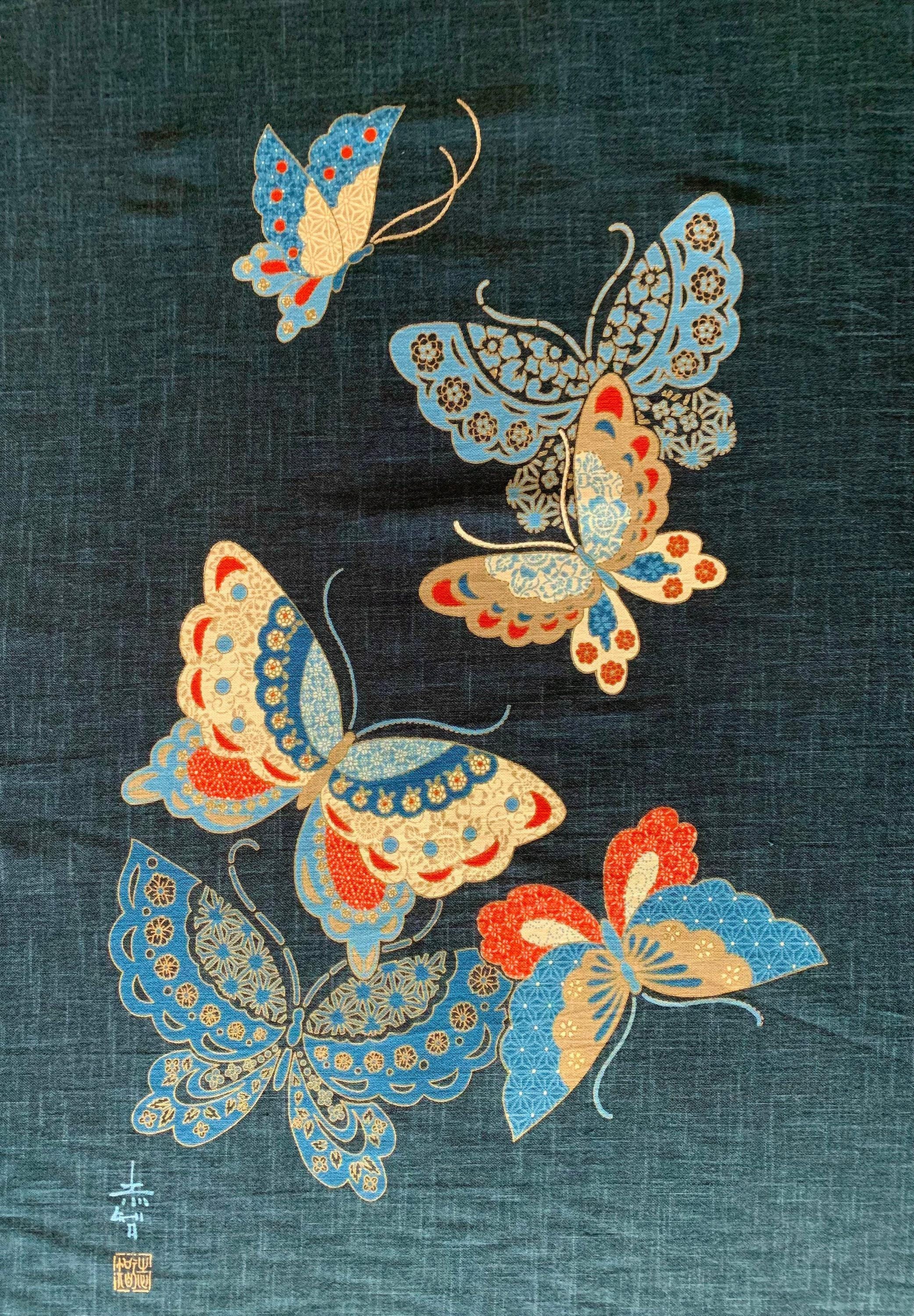 Kurenai - Butterflies Japanese Noren Panel - Blue