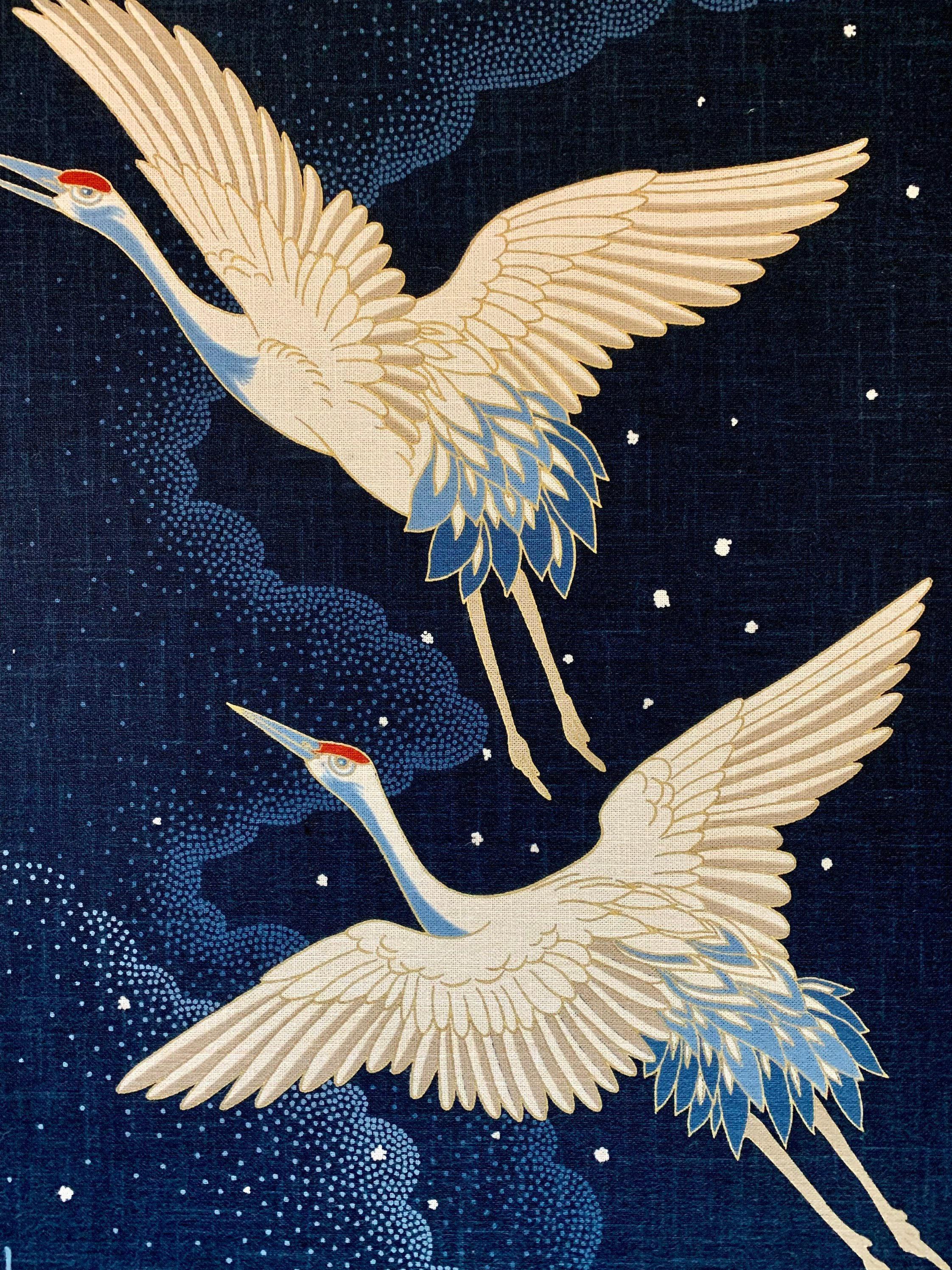 Kurenai - Cranes Japanese Noren Panel - Blue