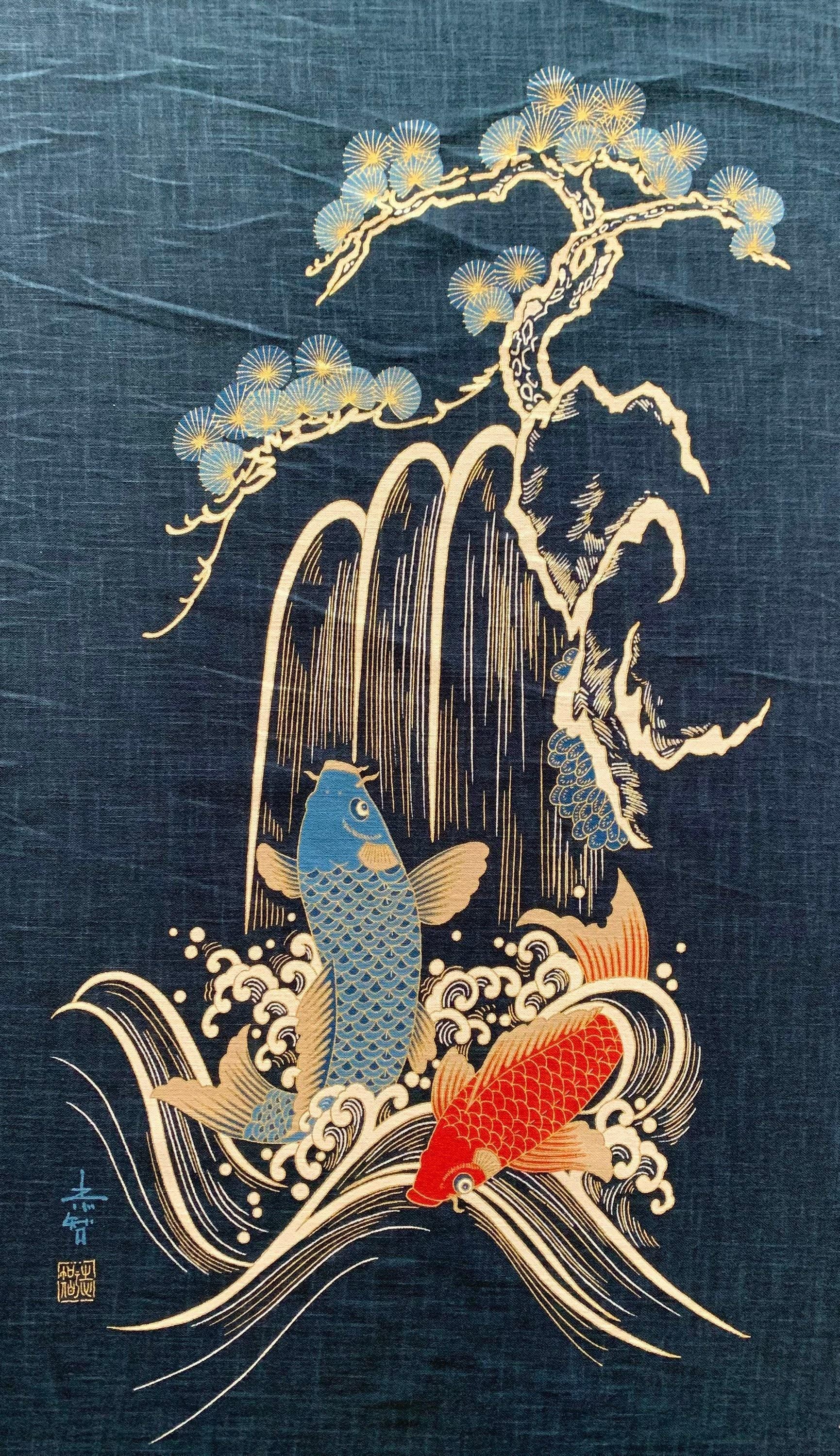 Kurenai - Koi Waterfall Japanese Noren Panel - Blue