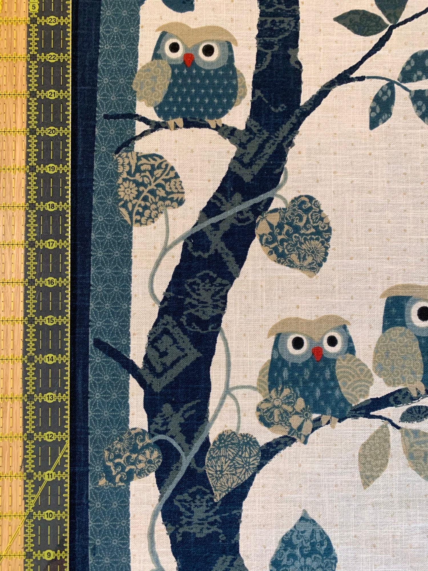 Kurenai - Happy Owls in a Tree Japanese Noren Panel - Blue