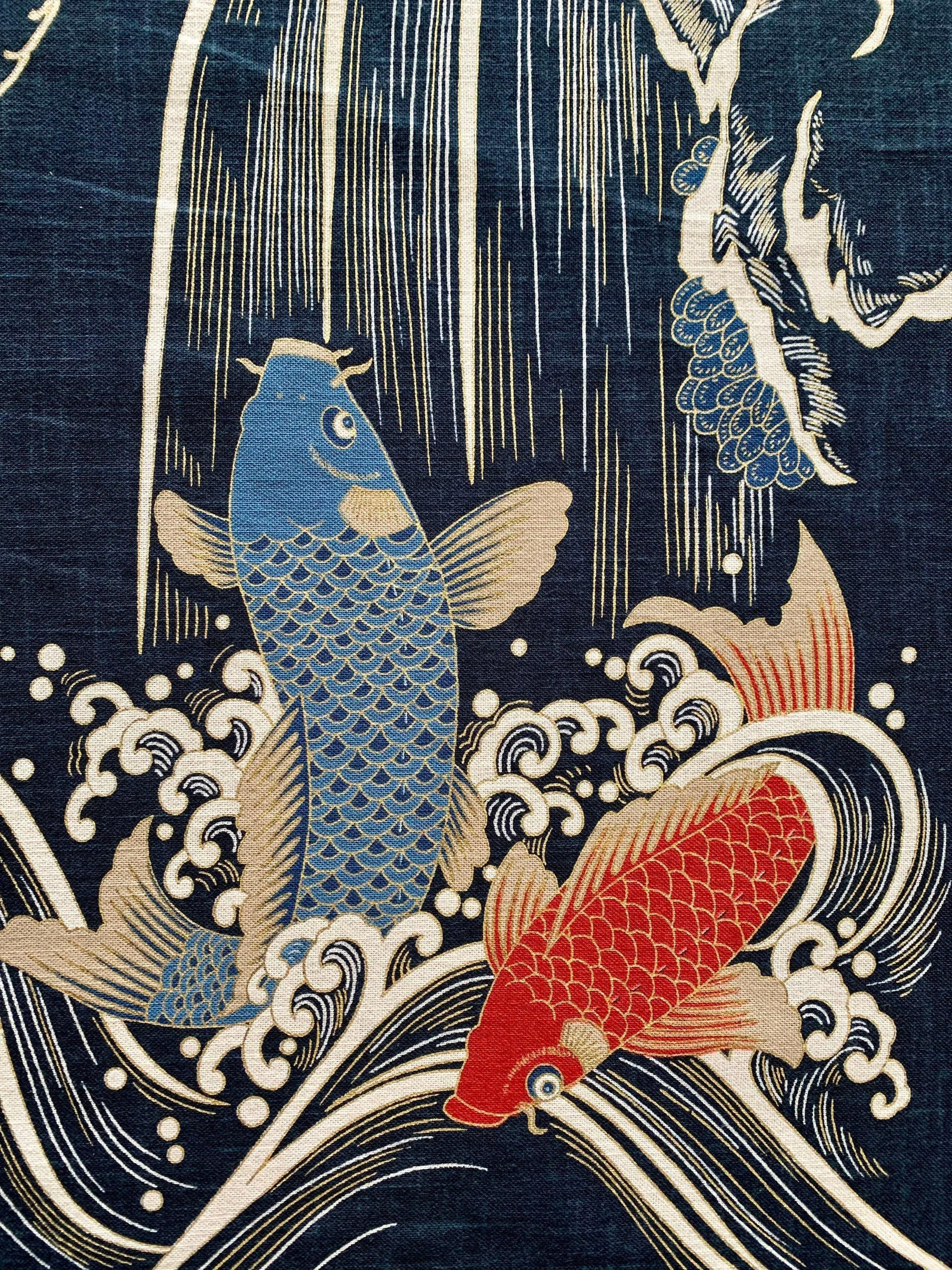 Kurenai - Koi Waterfall Japanese Noren Panel - Blue
