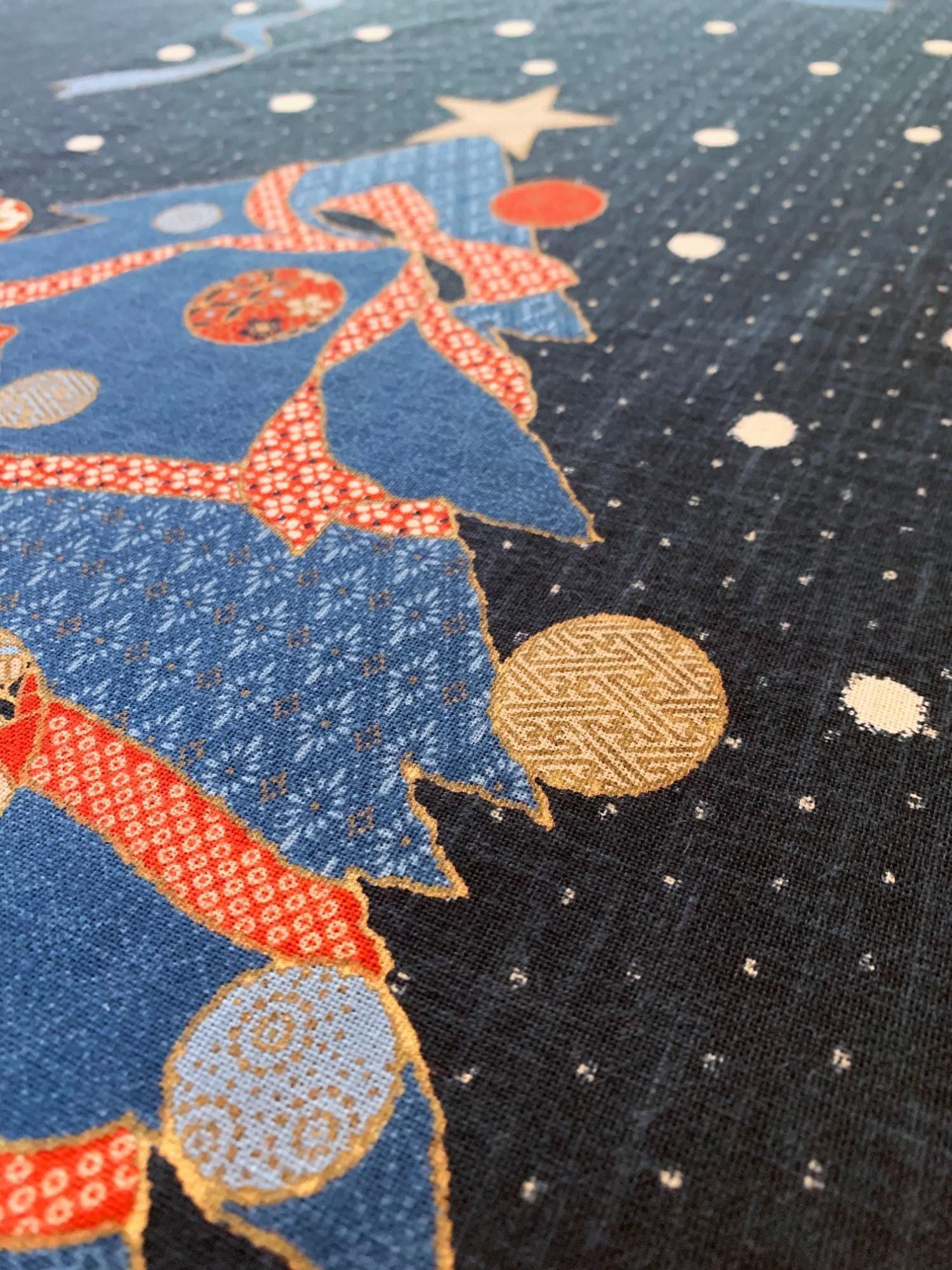 Kurenai - Christmas Holiday Tree Japanese Noren Panel - Blue