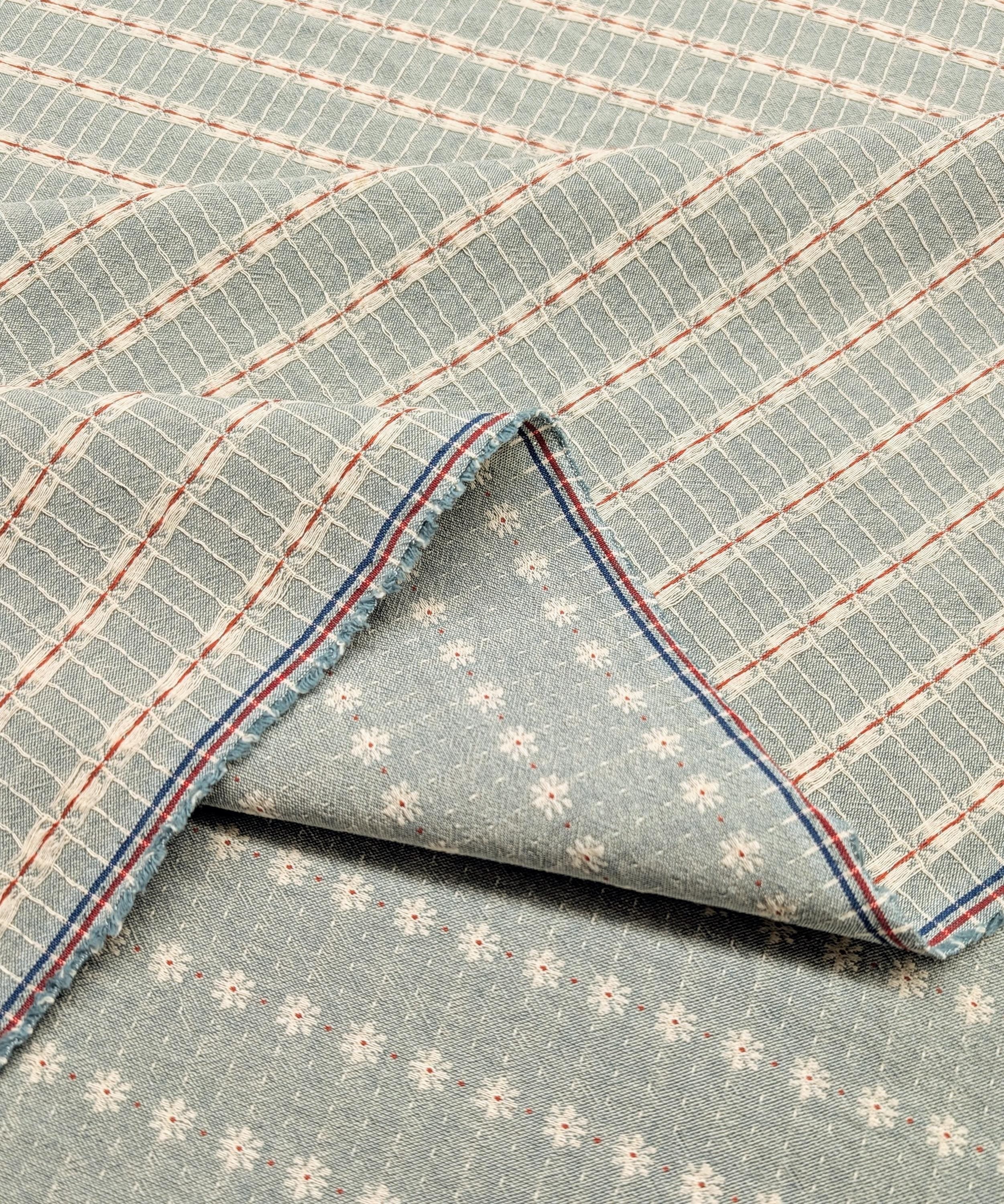 Textile Pantry - Junko Matsuda Yarn Dyed Daisy Stripes Cotton Fabric - Blue