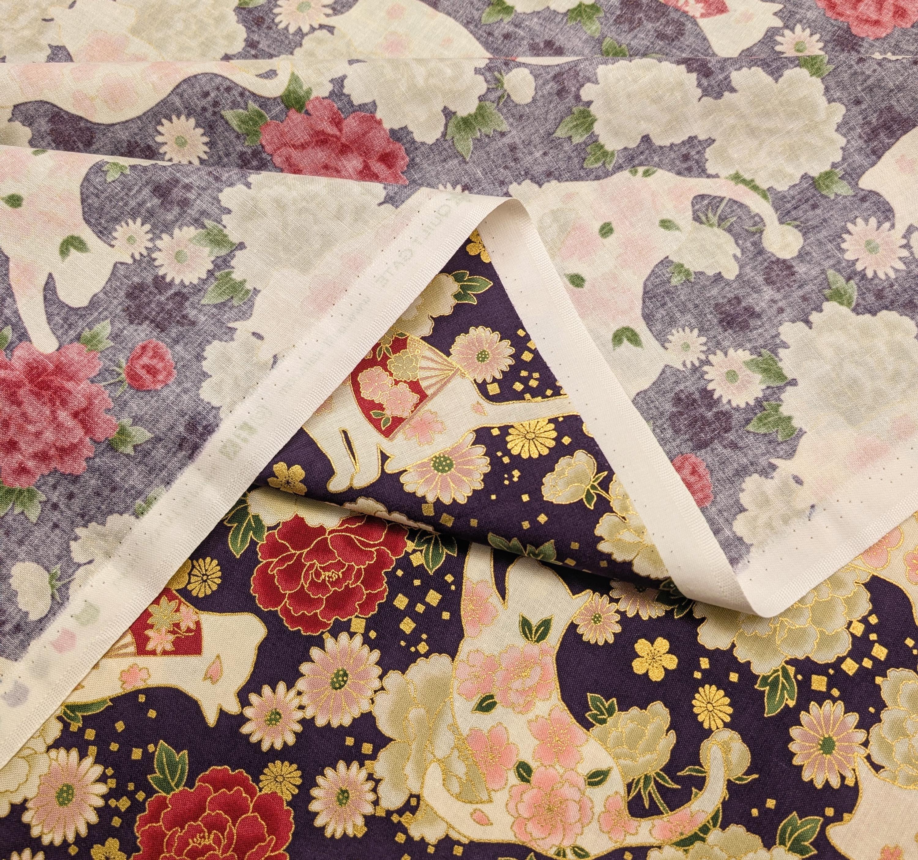 NEW Cats and Roses Quilt Gate Hyakka Ryoran Japanese cotton fabric HR3480-12 D purple