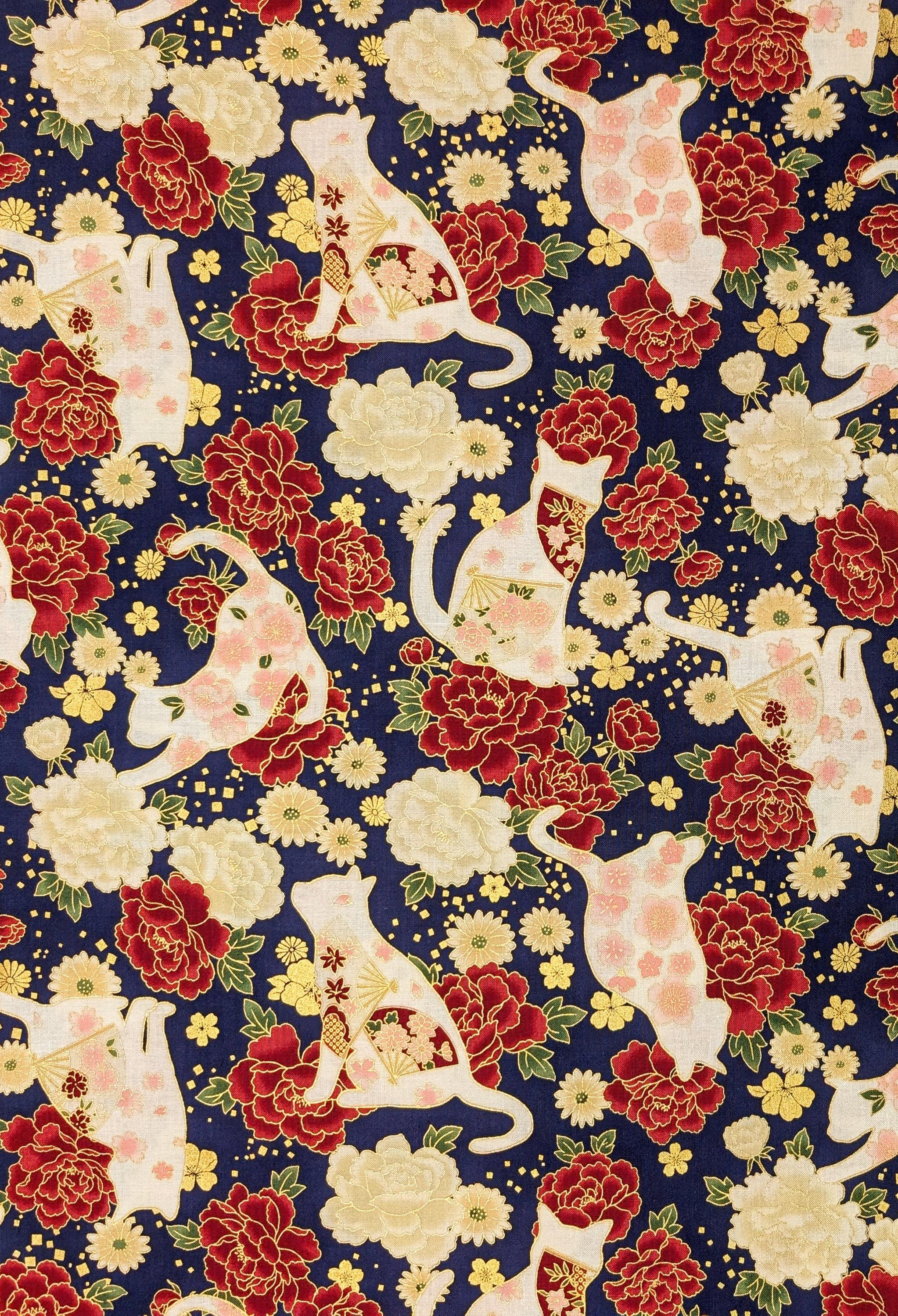 NEW Cats and Roses Quilt Gate Hyakka Ryoran Japanese cotton fabric HR3480-12 E blue