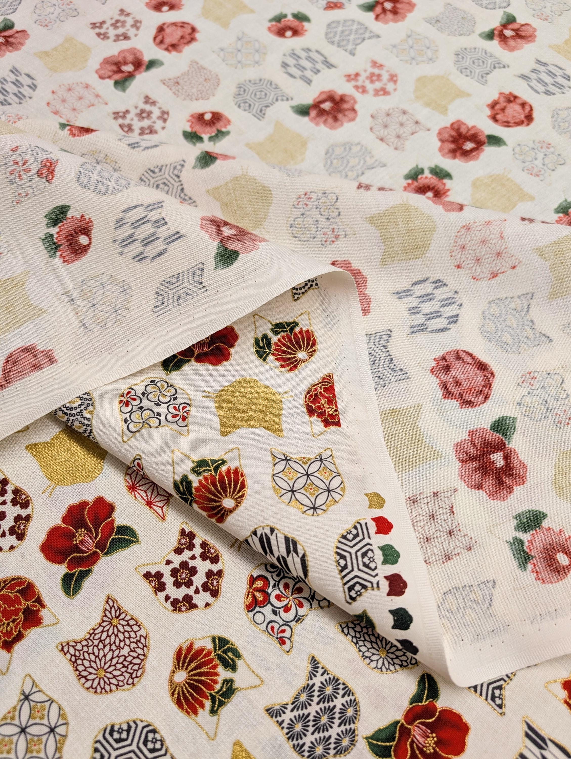 QuiltGate - Hyakka Ryoran Patterned Cats Cotton Fabric - White