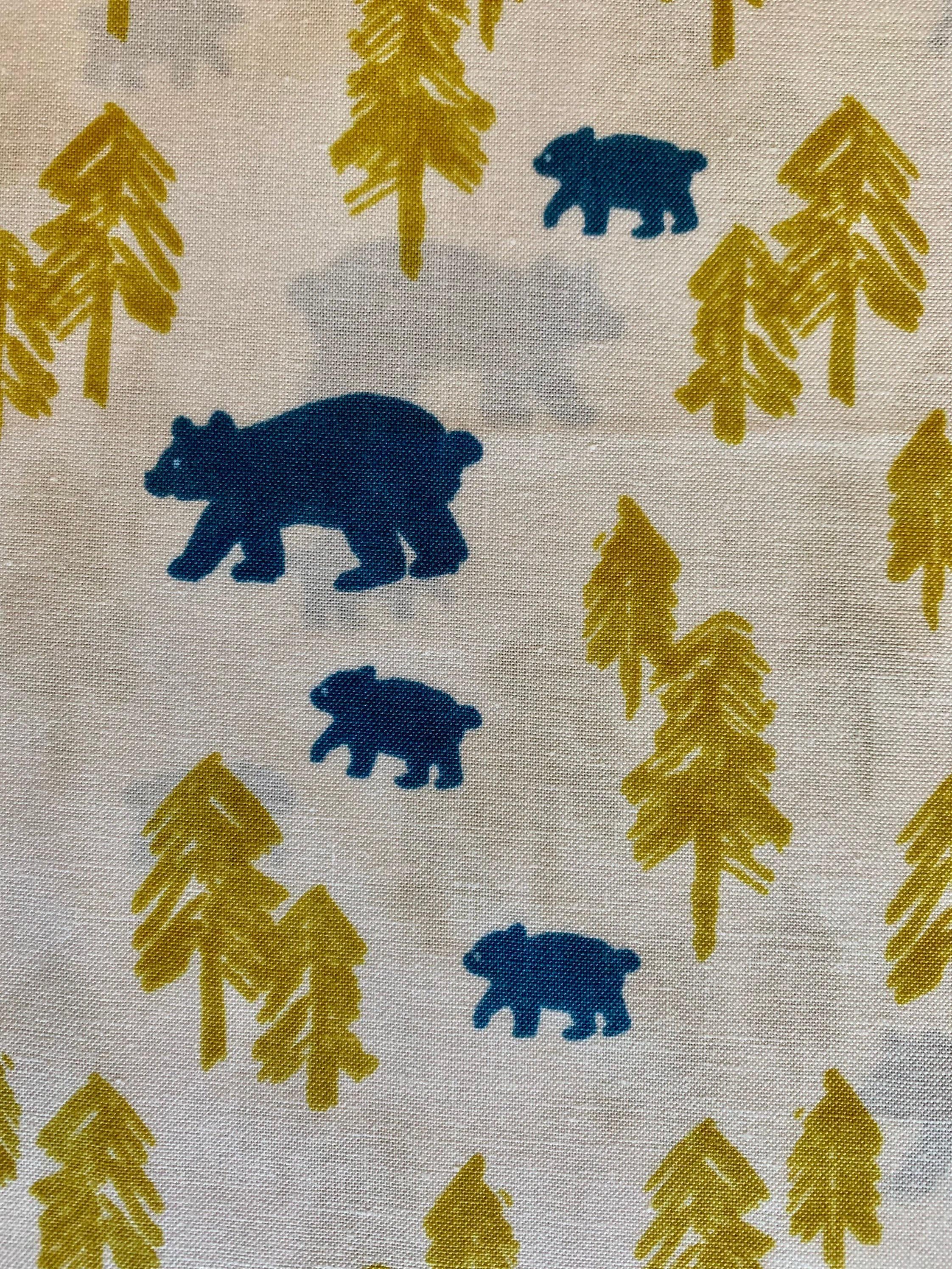 Hokkoh - Bears in the Forest Cotton Fabric - Cream Blue Mustard Yellow