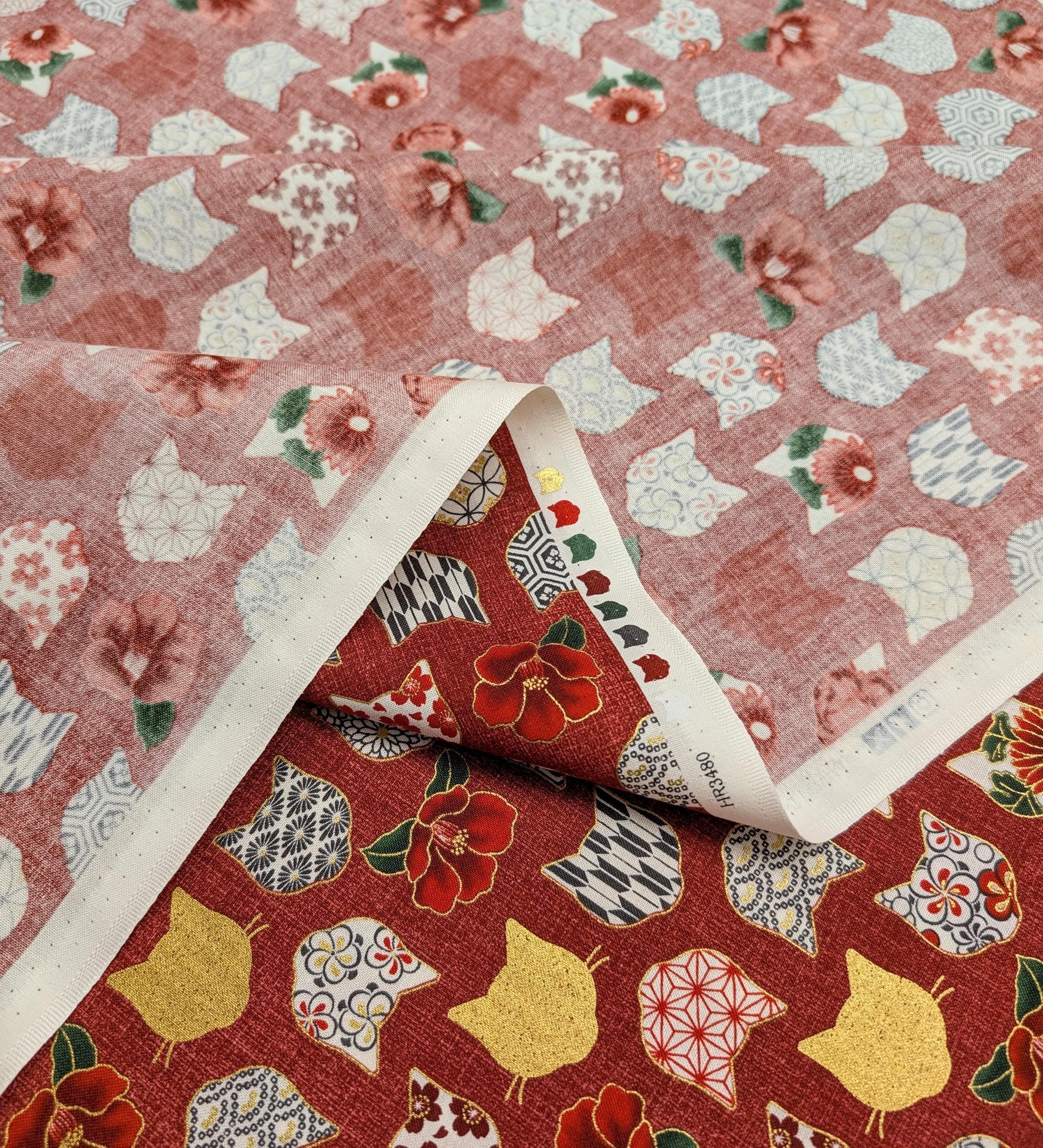 QuiltGate - Hyakka Ryoran Patterned Cats Cotton Fabric - Red
