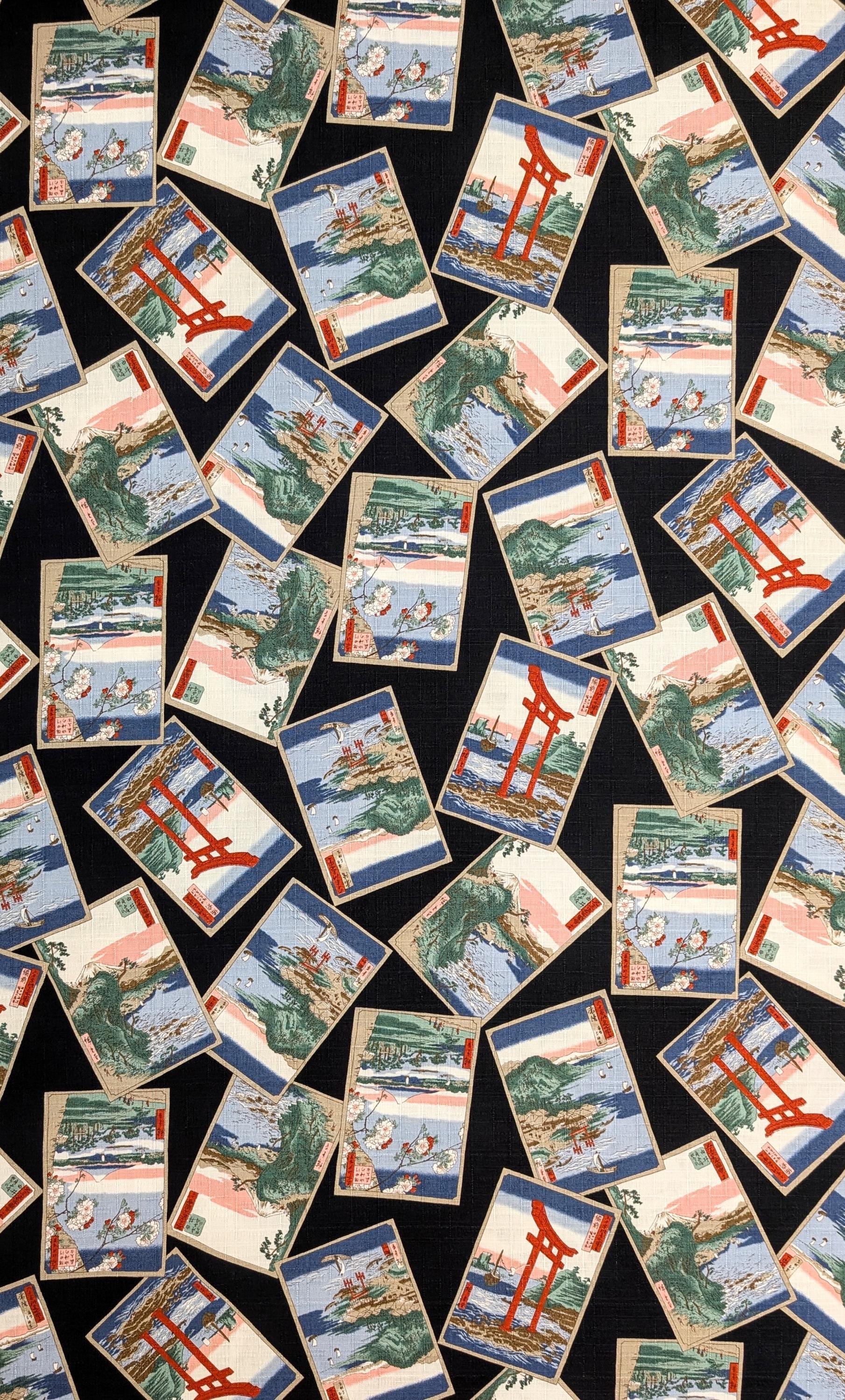 Japanese Postcards Hokkoh Japanese cotton dobby fabric 1025-105-3 E black