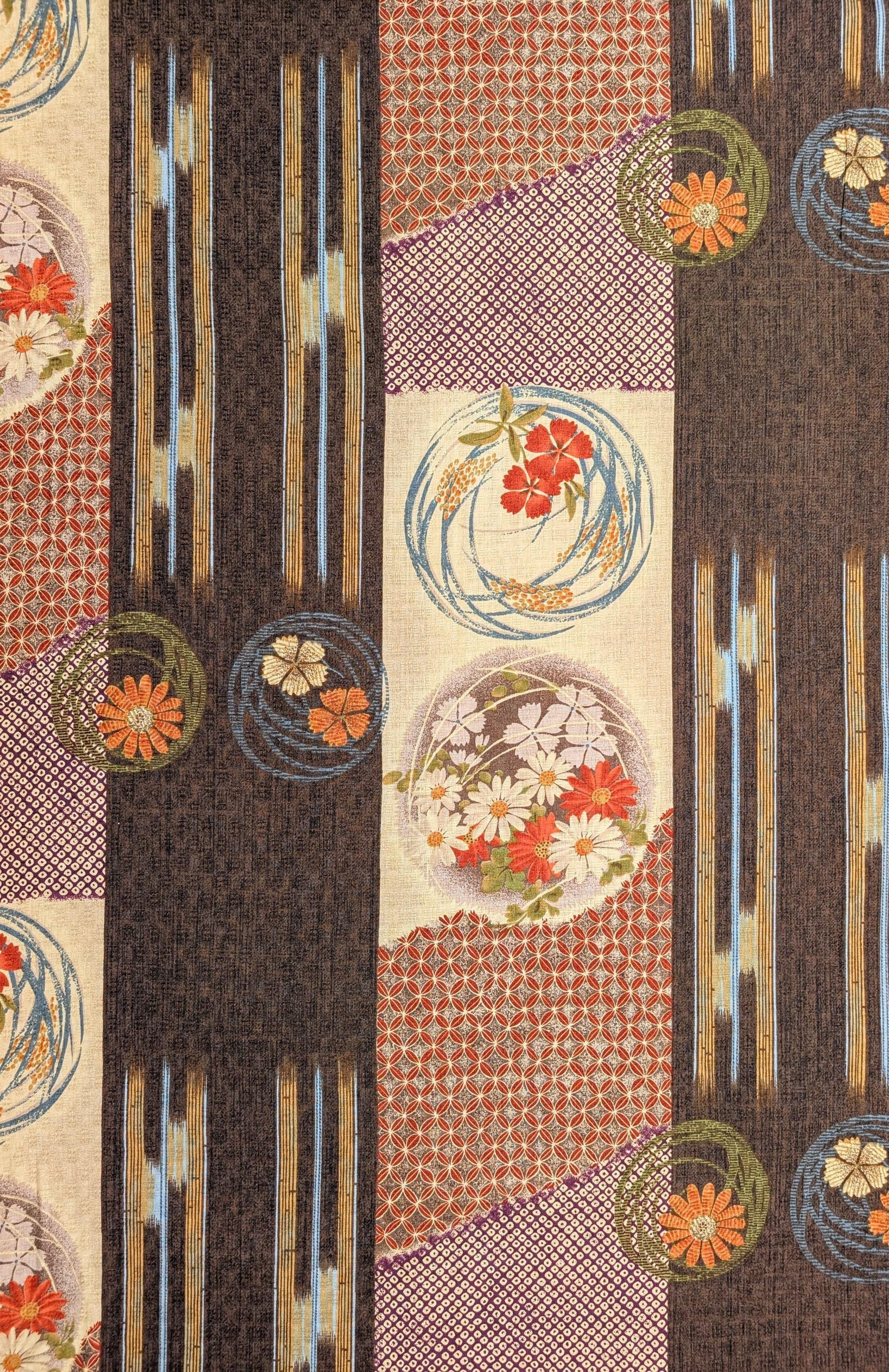 Wide Stripe Flower Circles Japanese Kobayashi dobby cotton fabric KTS-1594 D brown