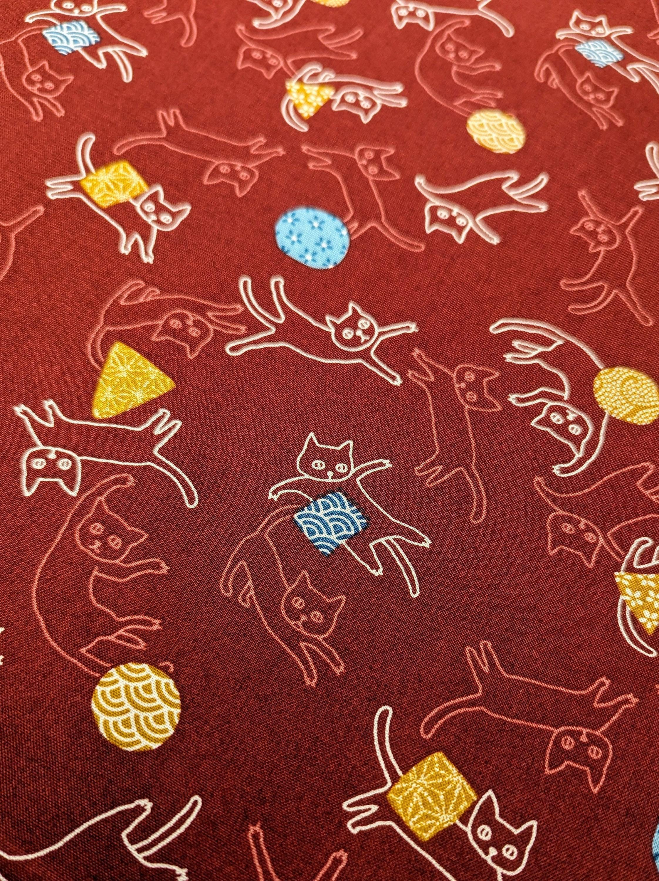 Kurenai - Dancing Cats Cotton Fabric - Red