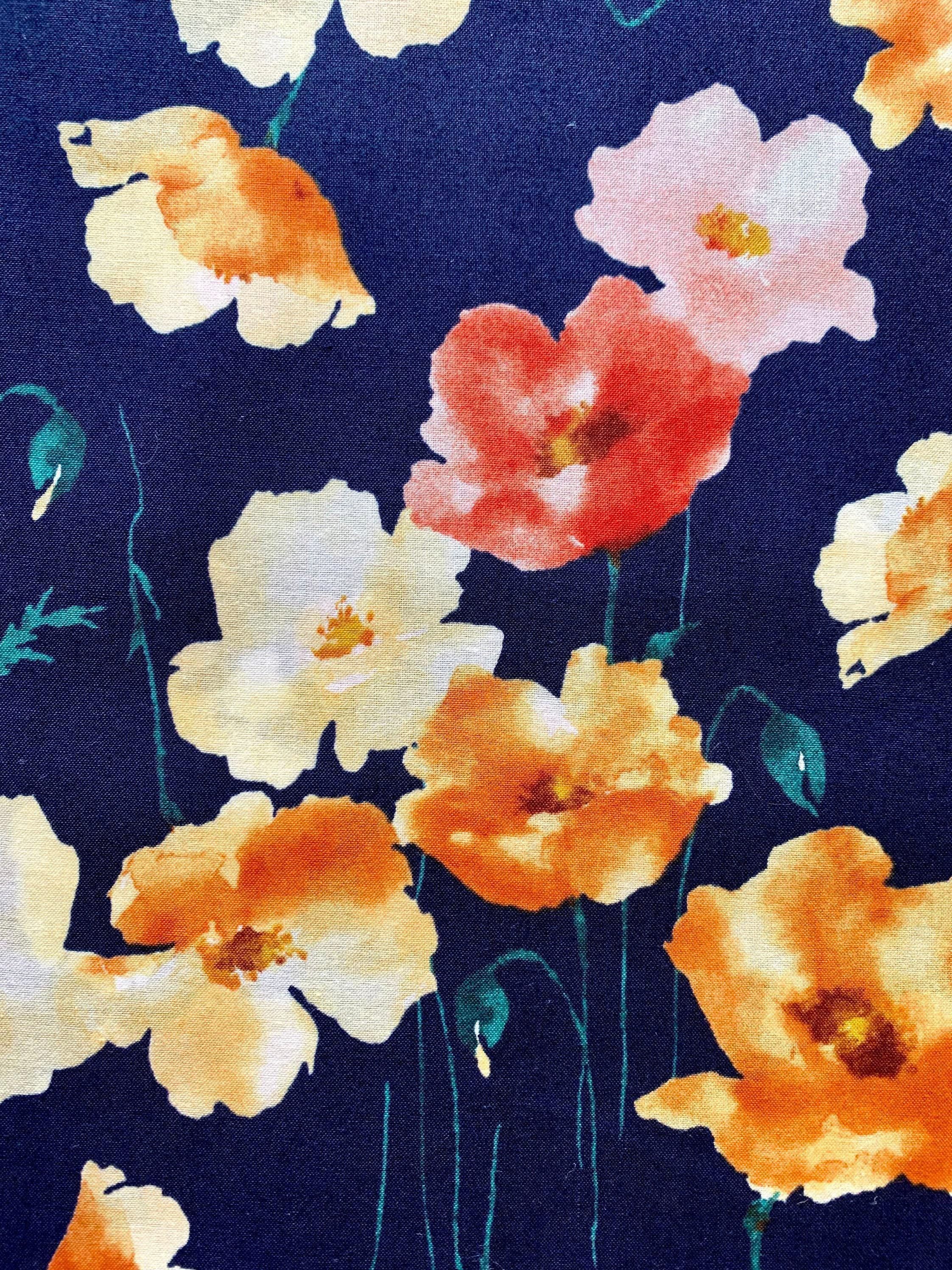 Kokka - Watercolor Poppies Cotton Lawn - Navy Blue Peach