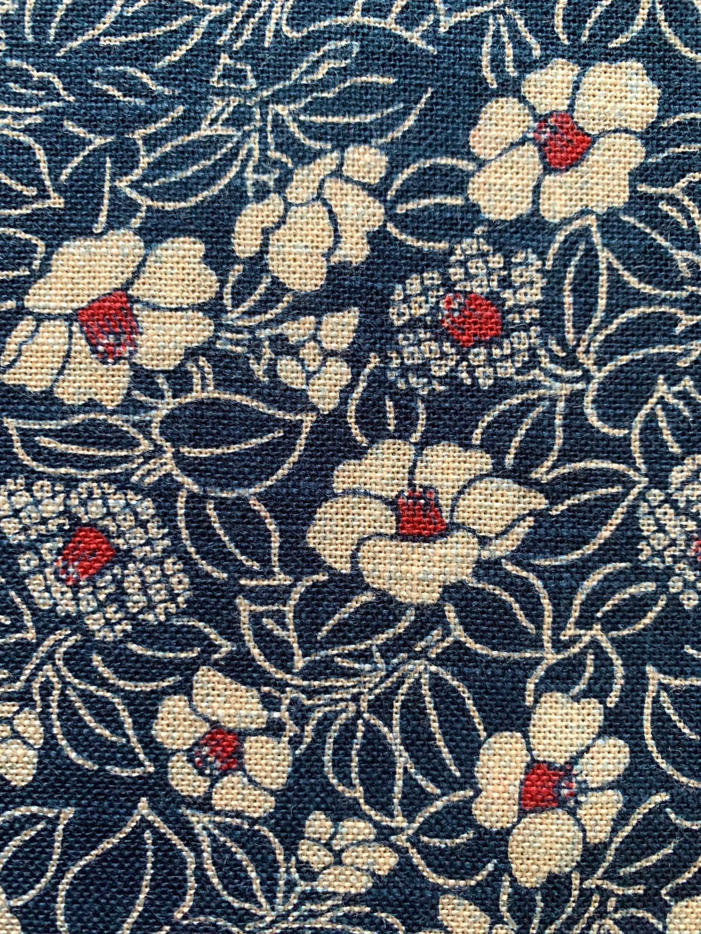 Kurenai - Camellias Hand Stenciled Cotton - Navy Blue Beige Red