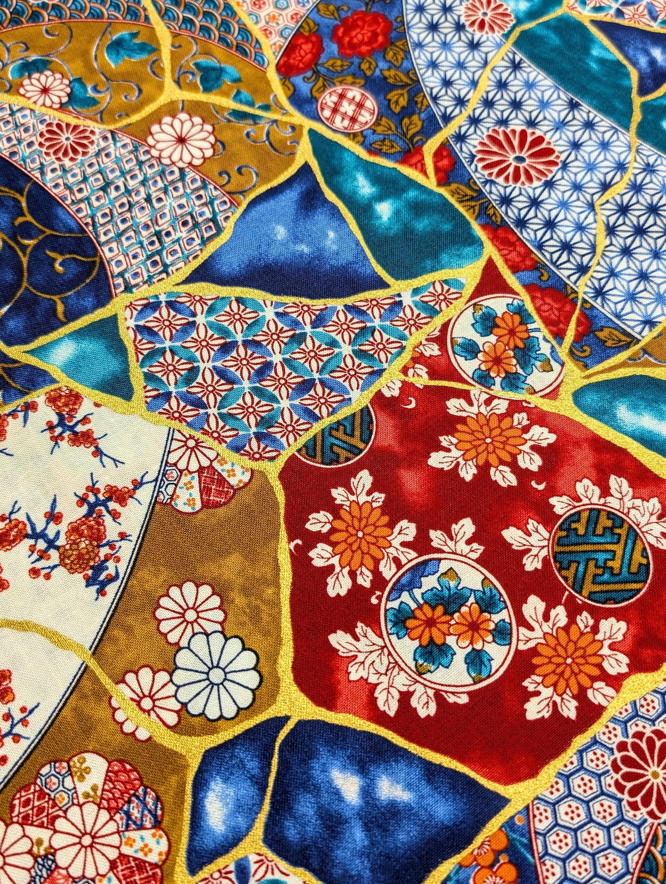 Senyo - Patterned Kintsugi Collage Cotton Fabric - Blue, Red and White
